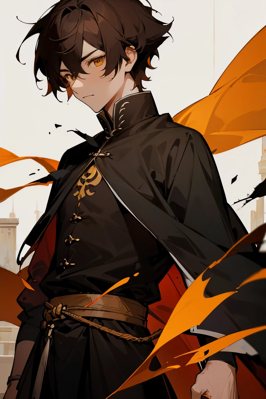 1 guy, brown hair, amber eyes, tall, black zhupan, old tattered clothes, black cape, ancient ruins