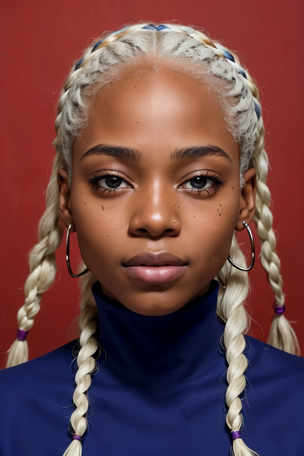 African-American female, 20 years old, dark chocolate skin, ultra structured skin, white hair, African fine long braids, with vitiligo on her face, full-face profile, face looking flat into the camera