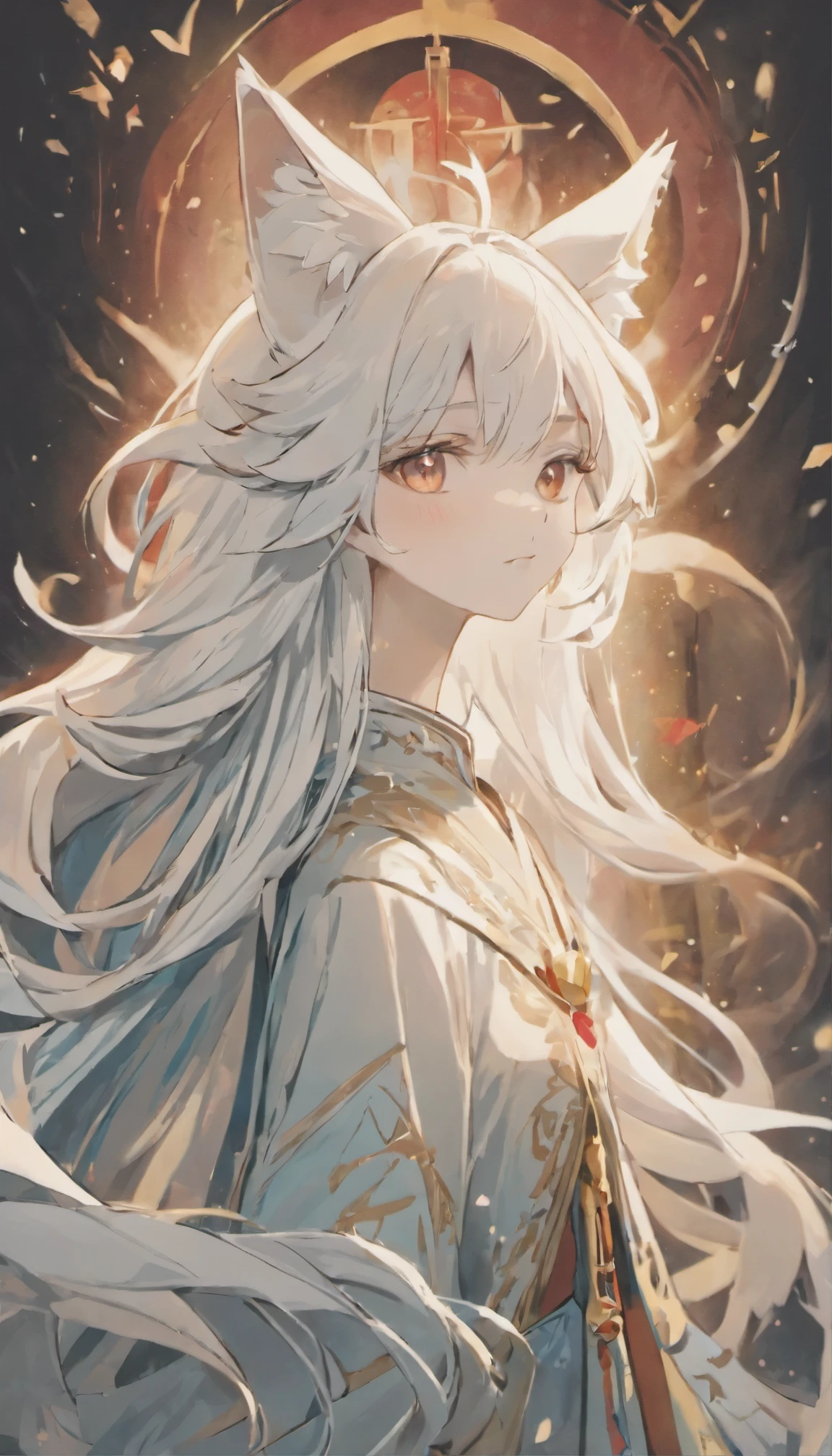 (White background:1.4),(Avatar side face, open one's eyes, long white hair,white fox ears,There are nine fluffy fox tails,The tail has a fiery red color at the end, Oriental elements),(Chinese illustration:1.3,paper art:1.3, Quilted paper art:1.2),( Reasonable design, clear lines, high definition,best quality, Very detailed, masterpiece, Lighting effects, 4k )