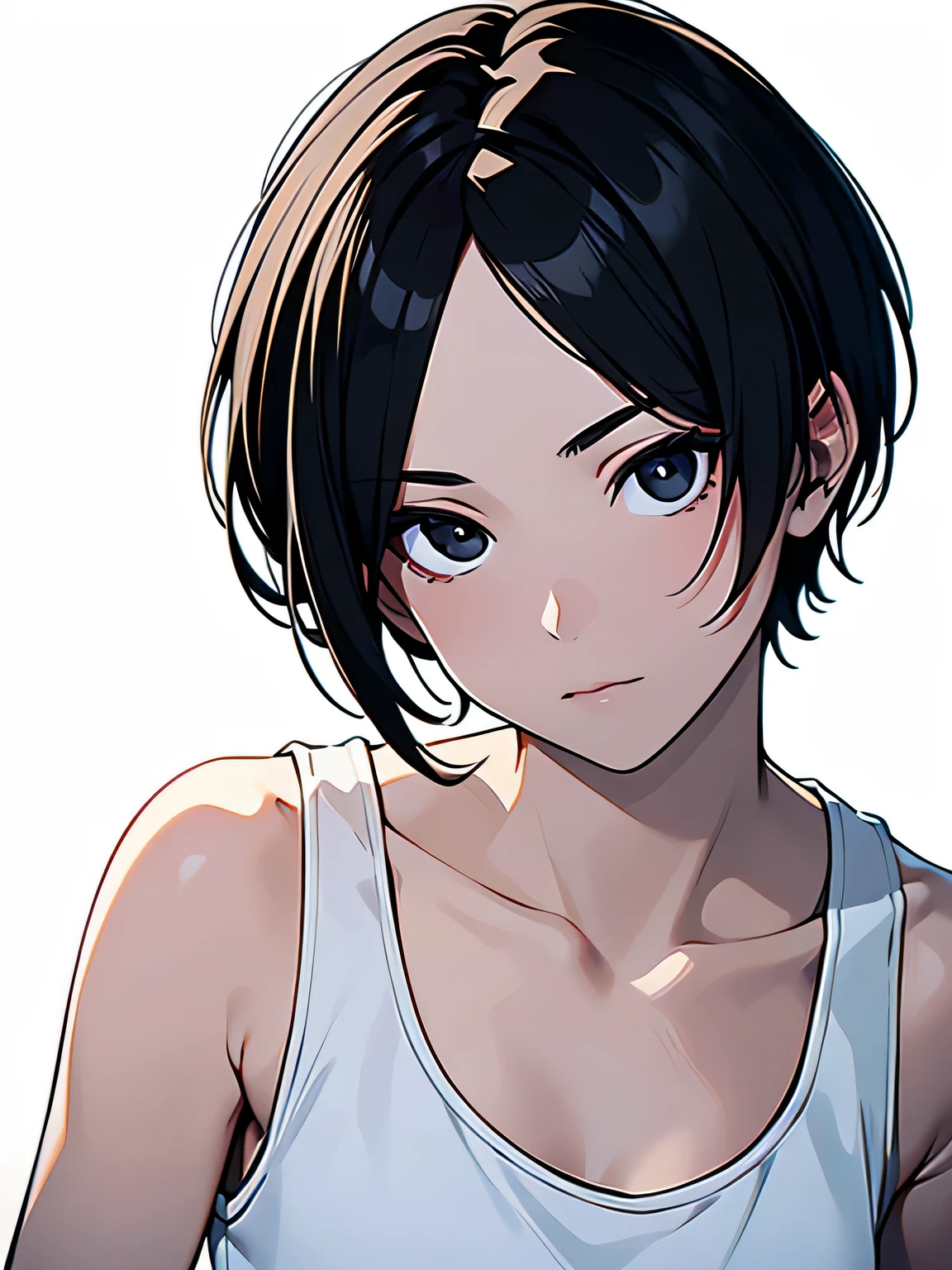 masterpiece,highest quality,Beautiful face and eyes in every detail,(black eye),alone,skinny、flat chest、 black hair,(very short hair),amount,flowing bangs,(white tank top),white background:1.2,dynamic angle