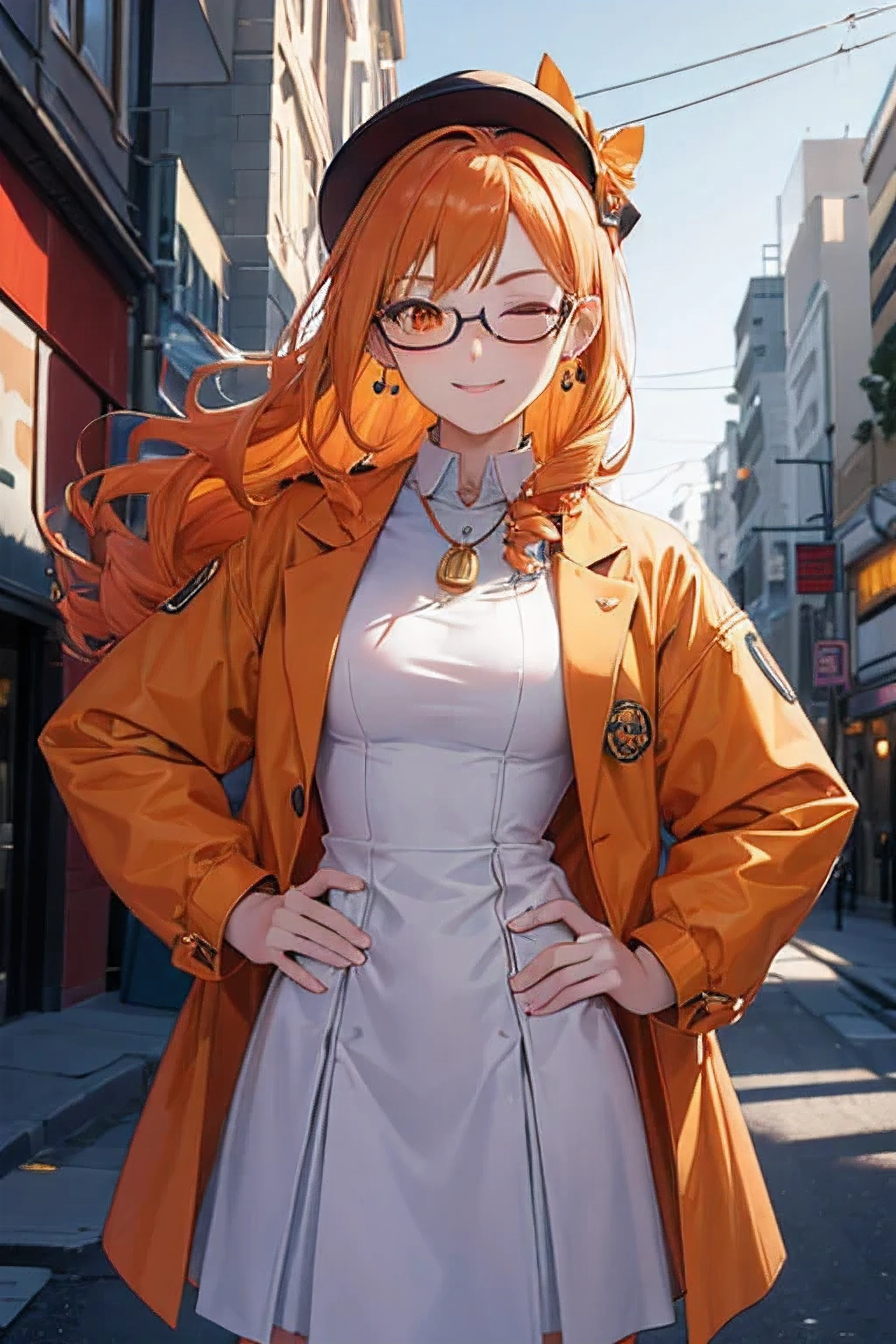 1girl, solo, yorigami jo'on, orange hair, drill hair, eyewear on head, orange eyes, jewelry, bow, white dress, purple jacket, pendant, earrings, hat, standing, hand on hip, looking at viewer, one eye closed, smirk, outdoors, city 