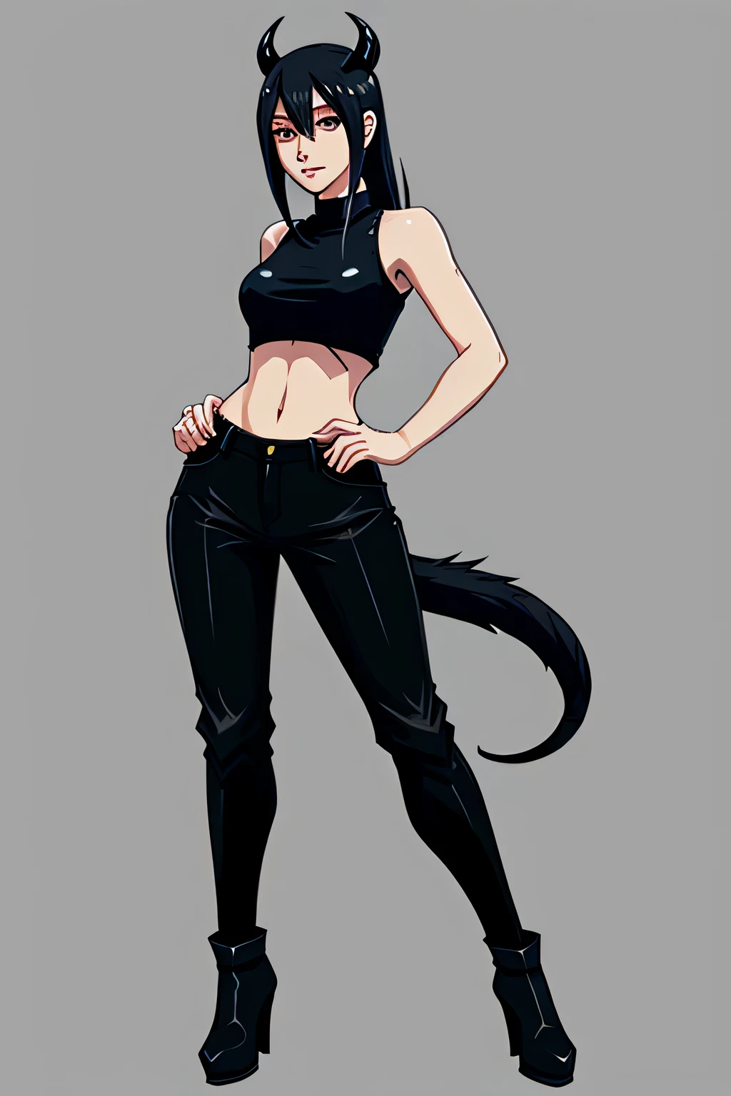 a cartoon of a woman with a devil tail and a black top,black pants,anime style character,full body illustration,official character illustration, anime character, full body picture, lancer ttrpg character art, highest quality