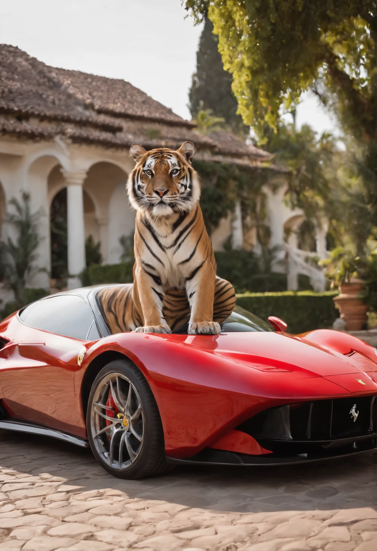 Imagem: An imposing and wild tiger rests elegantly on the shiny hood of a red Ferrari, contrasting its ferocity with the sophistication of the sports car. Ao fundo, uma casa de luxo, resembling a golden mansion, radiates opulence and extravagance, destacando-se em meio a paisagem. The combination of the wild beauty of the tiger, the speed of the Ferrari and the grandeur of the mansion creates a scene of pure admiration and fascination.