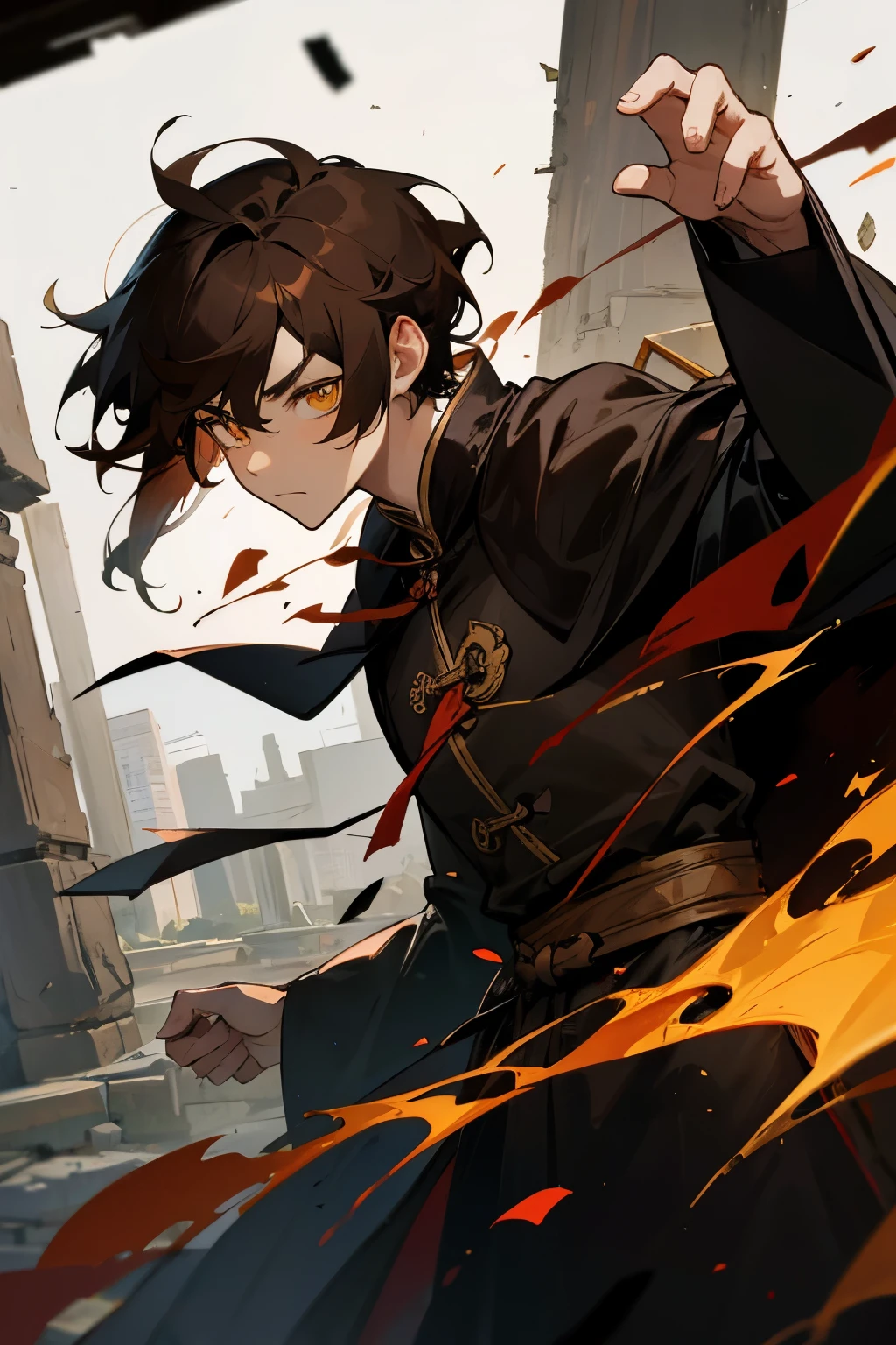  1 guy, brown hair, amber eyes, tall, black zhupan, old tattered clothes, black cape, ancient ruins