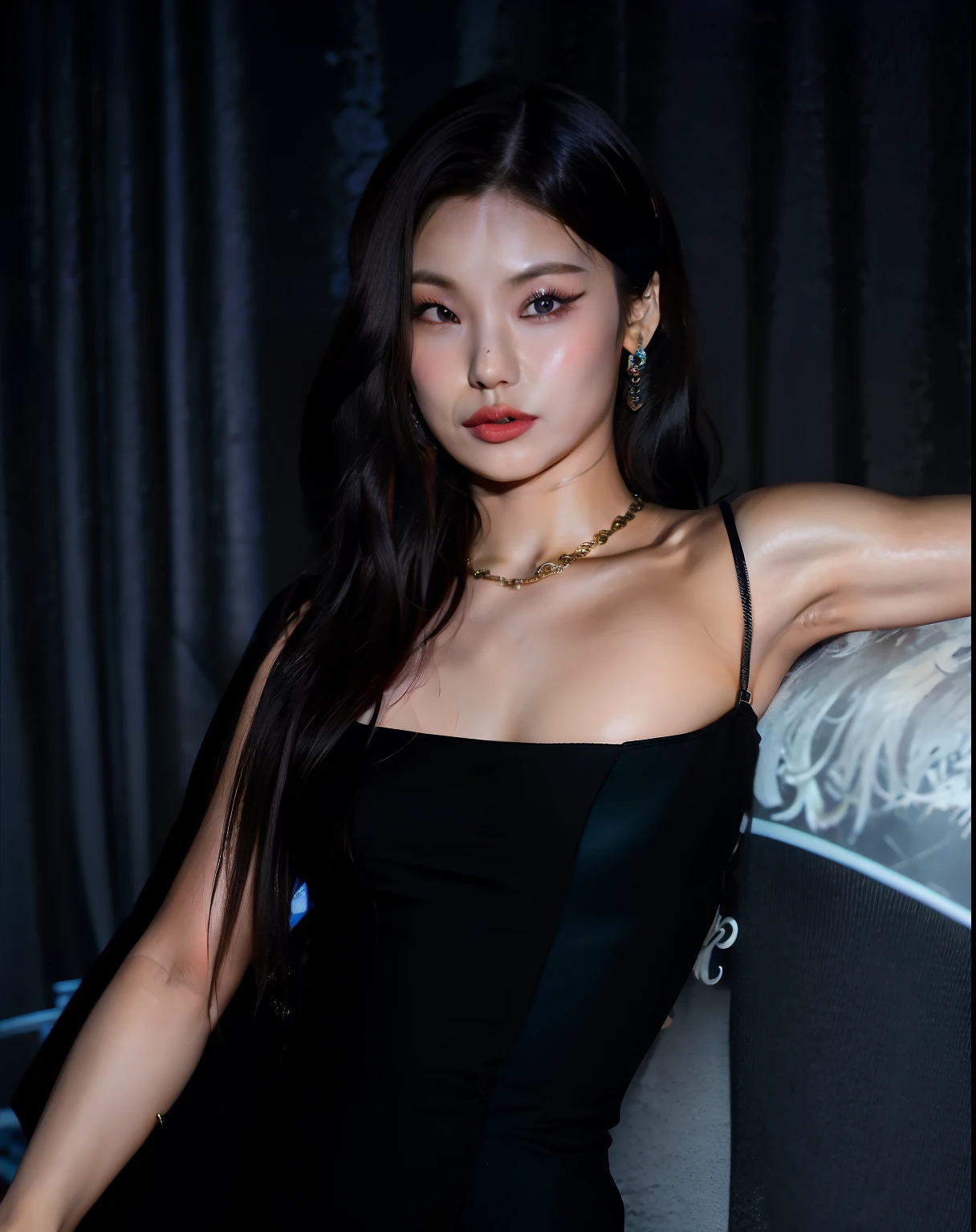 there is a woman in a black dress posing for a photo,  coreana, linda mulher coreana jovem, cruel korean goth girl, Mulher sul-coreana bonita,  Asian, Hwang Yeji ITZY, mulher coreana jovem bonita, Ulzzang, Hwang Yeji, Mulher coreana, she is wearing a black blouse, she is wearing a black dress, Hwang Yeji de ITZH