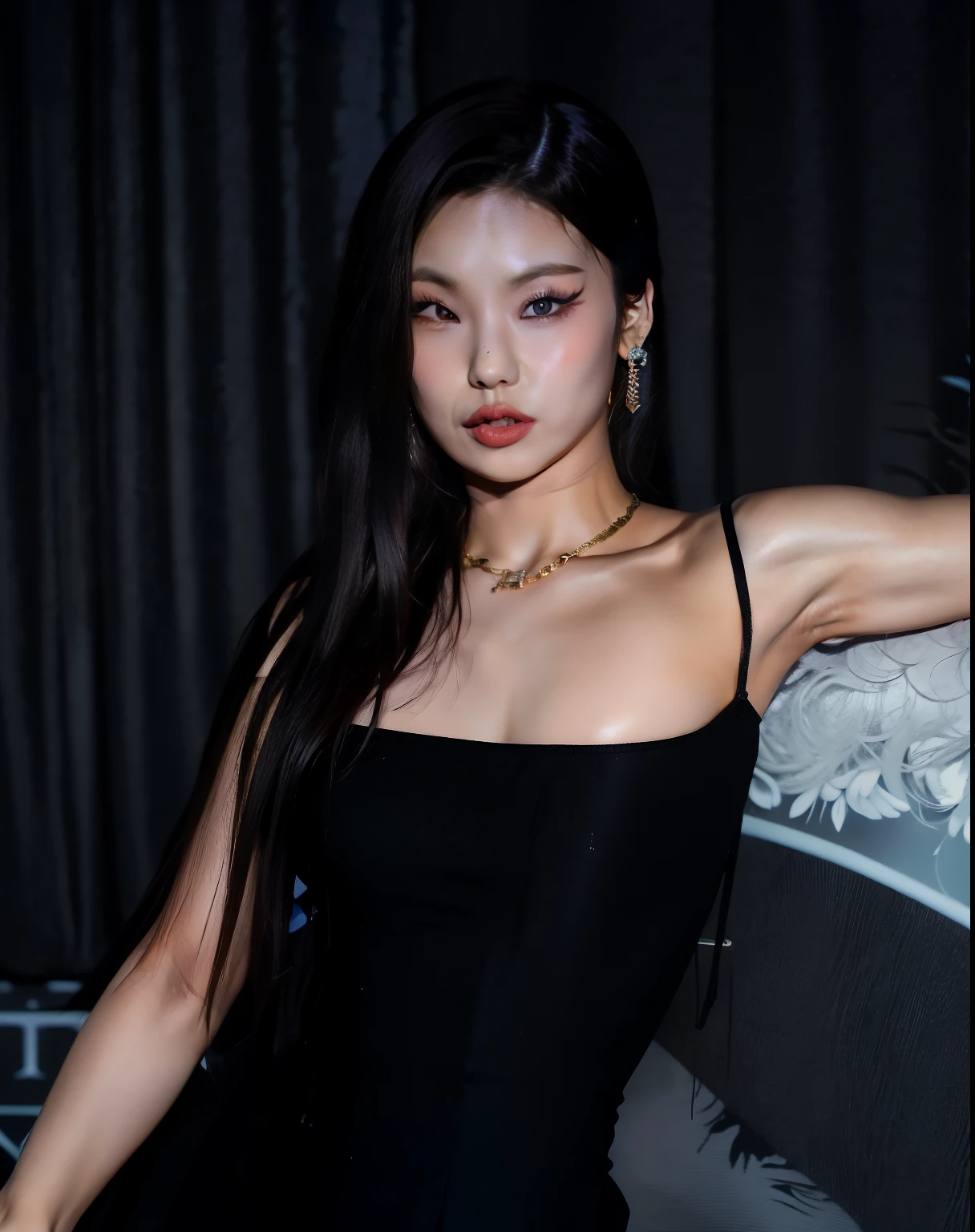 there is a woman in a black dress posing for a photo,  coreana, linda mulher coreana jovem, cruel korean goth girl, Mulher sul-coreana bonita,  Asian, Hwang Yeji ITZY, mulher coreana jovem bonita, Ulzzang, Hwang Yeji, Mulher coreana, she is wearing a black blouse, she is wearing a black dress, Hwang Yeji de ITZH