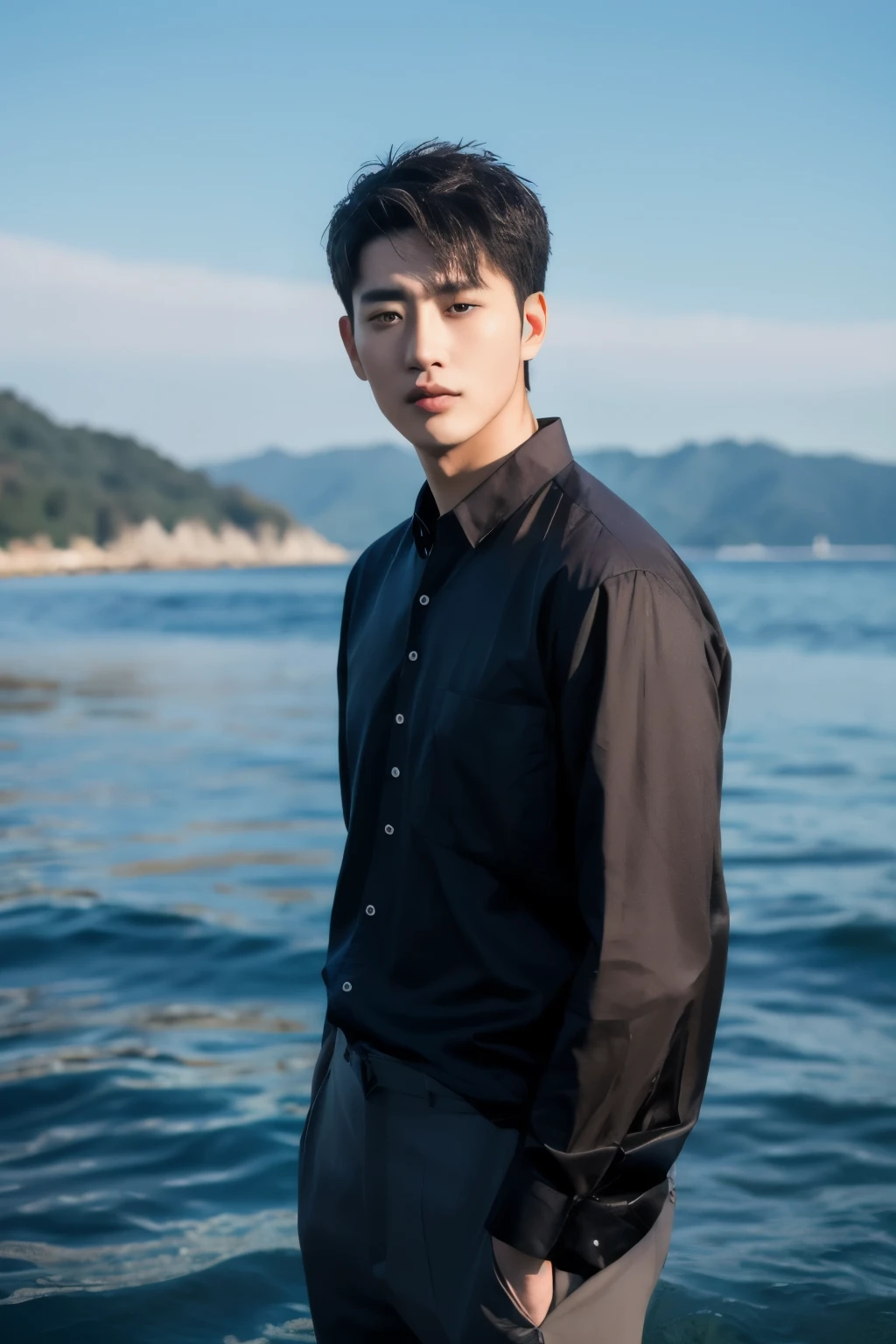 Realistic , handsome man , Loose black shirt, sea backdrop
