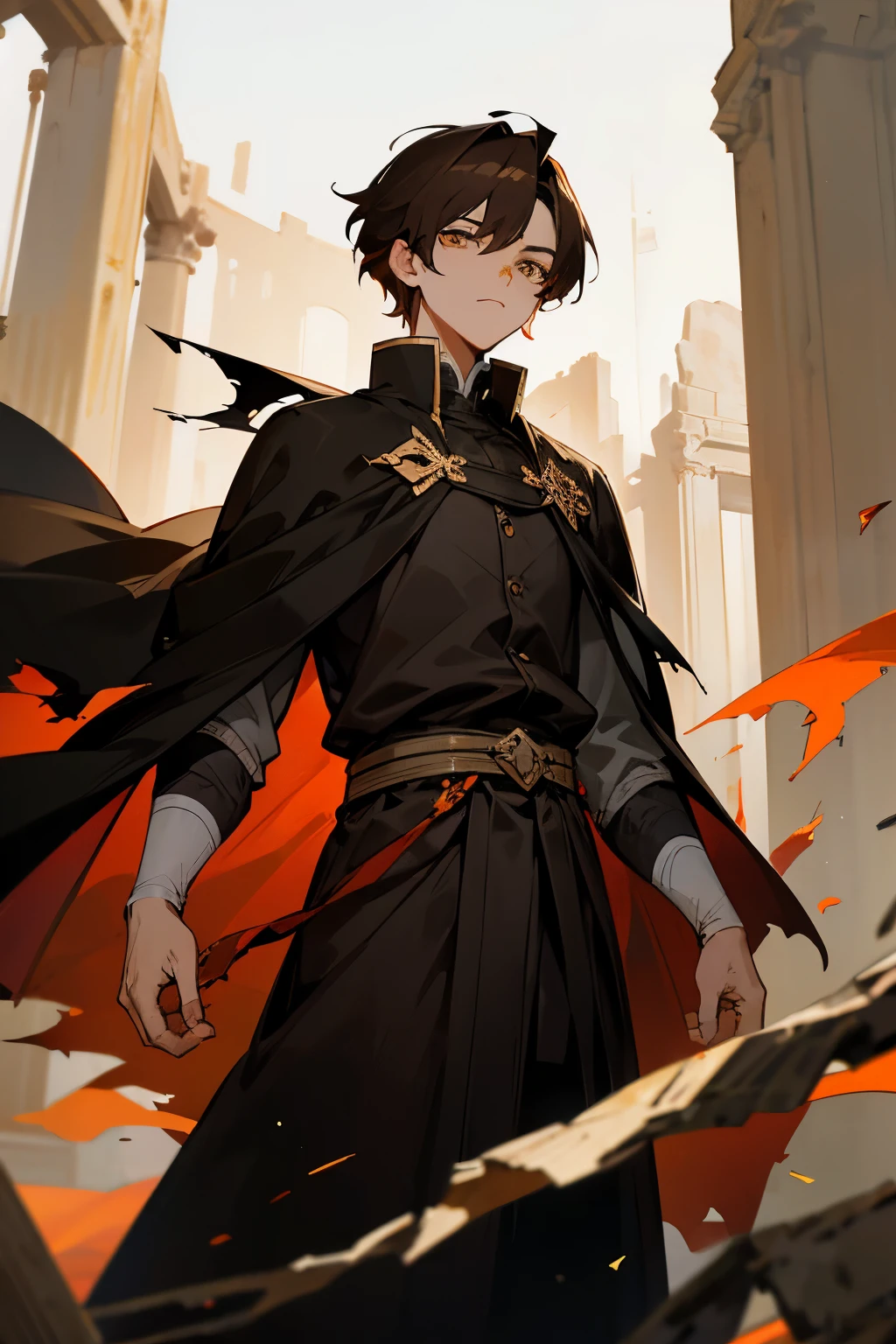 guy, 19 years old, tall, short brown hair, amber eyes, black cape, black zhupan, old torn clothes, ancient ruin