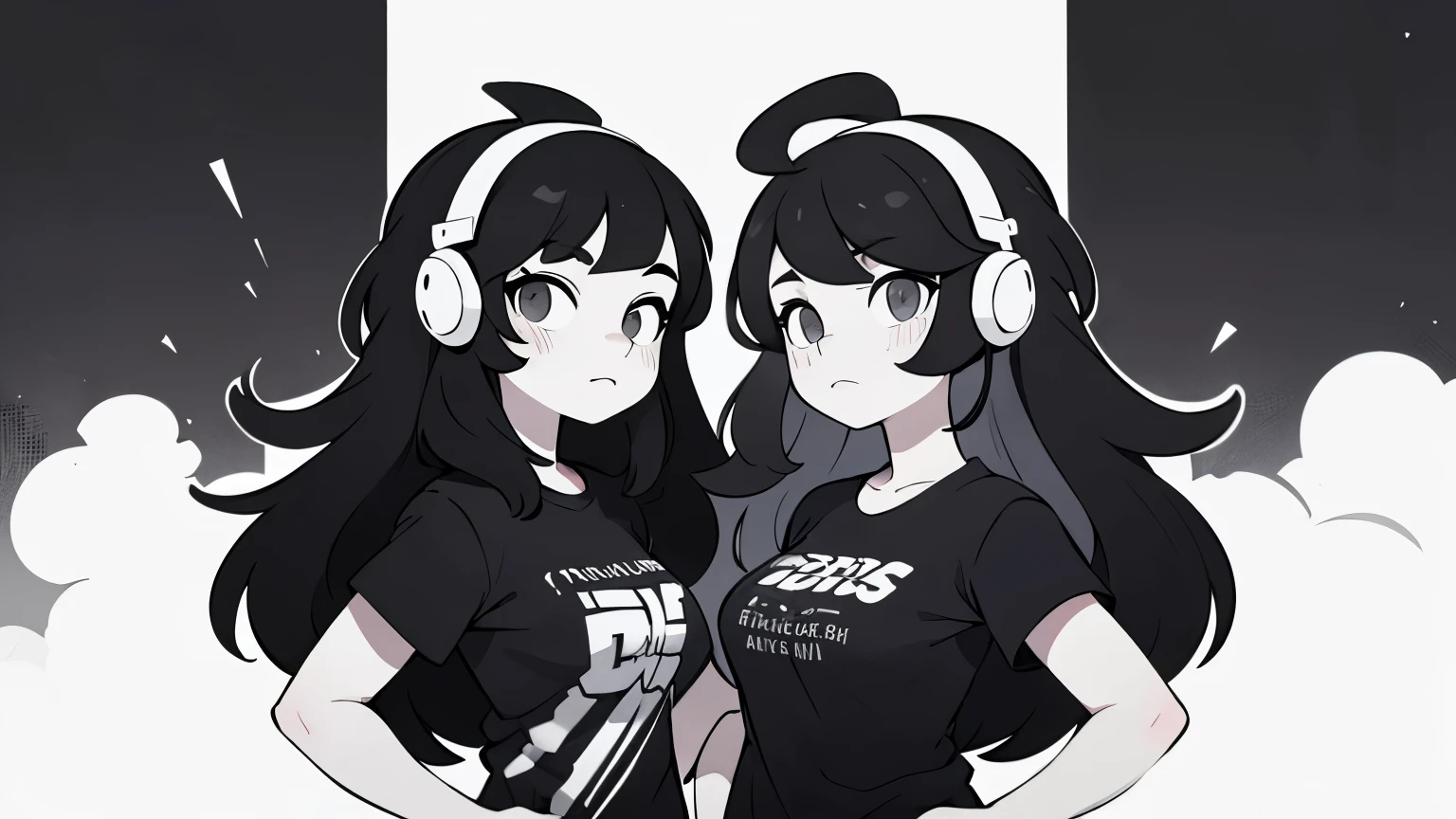 ((best quality)), ((masterpiece)), (detailed), perfect face, A girl, side portrait, black and white, Messy Short Hair, Spicy accessories, Sporty style, Casual T-shirt, Confident gaze, Monochrome color scheme, looking at the side, Chic street fashion, Sloppy hands in pockets posing, cap,((person)),Over-ear headphones, Large ear pads, Luxurious long hair