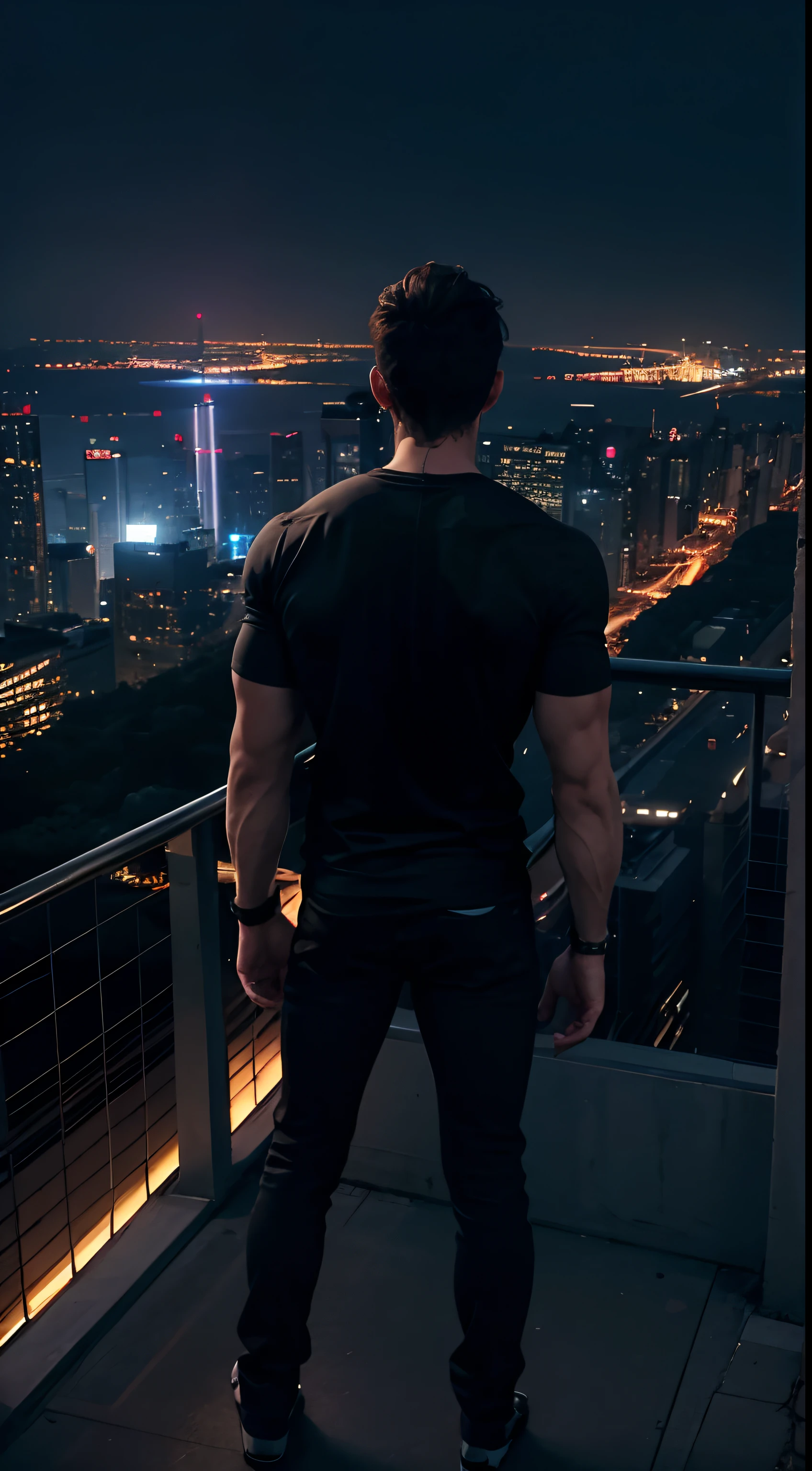 1 chico, un chico alto y musculoso, De pie en la parte superior de un edificio, parado en un lugar oscuro, vistiendo camiseta, mirando la hermosa ciudad nocturna, por la noche, hermosa vista de la ciudad, ambiente de electricidad, Hermoso paisaje, vista lateral trasera, de pie en un lugar oscuro