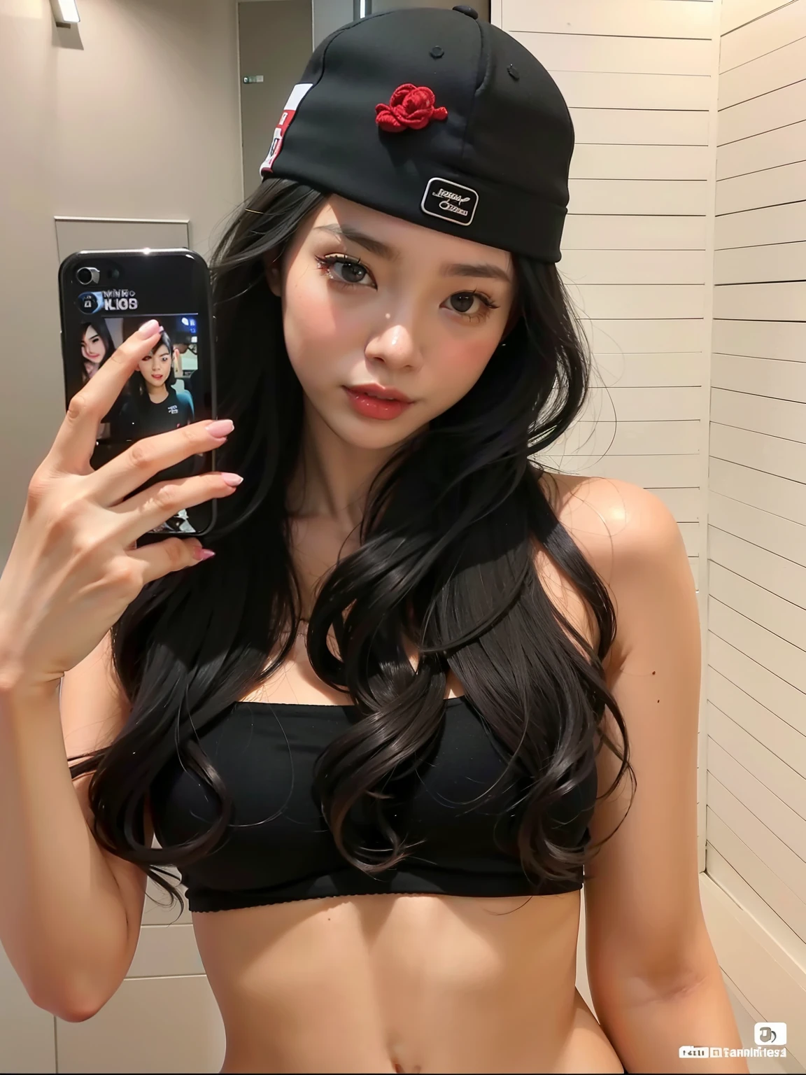 Arafed woman wearing a black top and a black hat taking a selfie, 2 4 year old female model, asian girl with long hair, 18 years, Jennie rosa negra, 22 years, beautiful asian girl, muchacha coreana, an asian woman, 21 years, asian features, ilya kuvshinov con pelo largo, asian girl