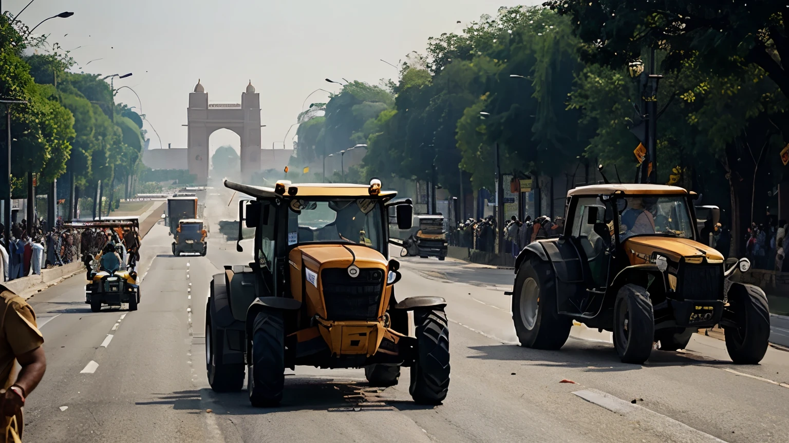 Road is fulfilled with heavy customized tractors. there are thousand tractors. Infront of India gate. Sikh farmers are protesting. they have sword in hand.