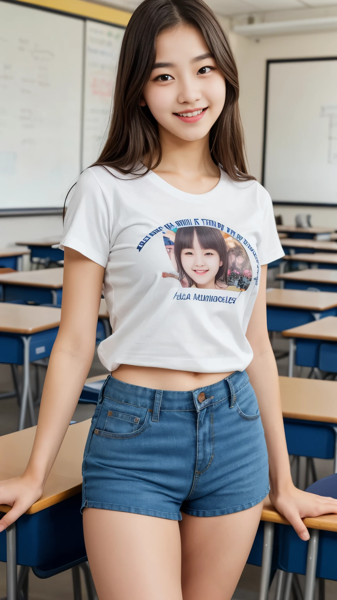 13 year old Bang Eun Jung, t-shirt, tiny shorts, tights, small breasts, school, classroom, ultra-detailed, realistic colors, beautiful detailed eyes, beautiful detailed lips, long eyelashes, expressive face, adorable smile, adorable appearance , 4k resolution, studio lighting, (high angle shot: 1.2)