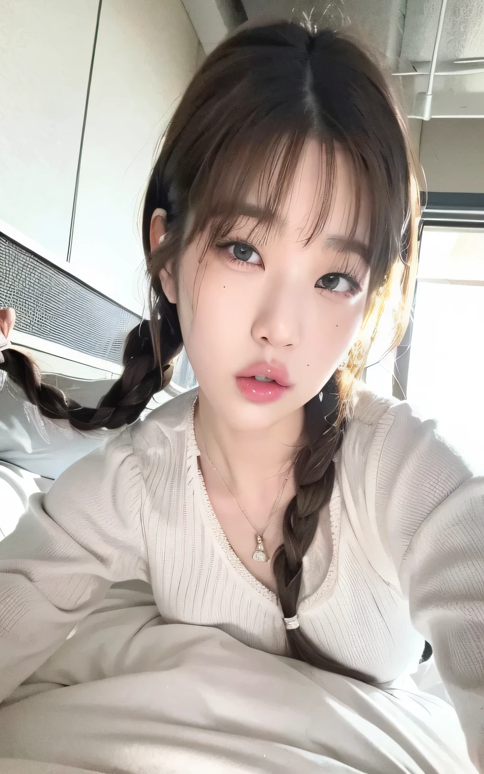 hay una mujer con una trenza en el pelo sentada en una cama, Lalisa Manobal, ulzzang, jaeyeon nam, ella tiene una cara linda, joven y adorable rostro coreano, pale korean adorable face, muchacha coreana, frente ancha, con flequillo, con mejillas redondas, Lalisa Manoban de Blackpink, con cara linda - fina