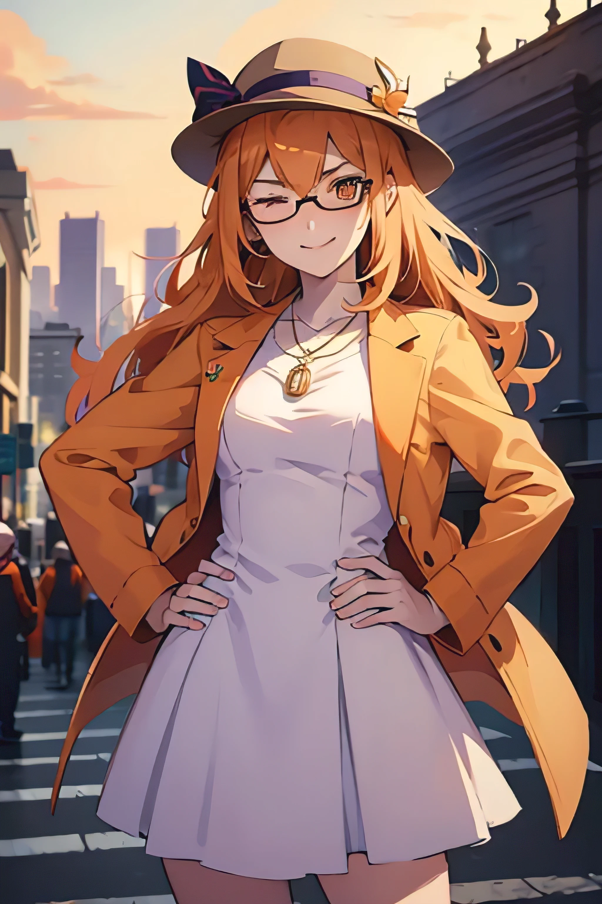 1girl, solo, yorigami jo'on, orange hair, drill hair, eyewear on head, orange eyes, jewelry, bow, white dress, purple jacket, pendant, earrings, hat, standing, hand on hip, looking at viewer, one eye closed, smirk, outdoors, city , 