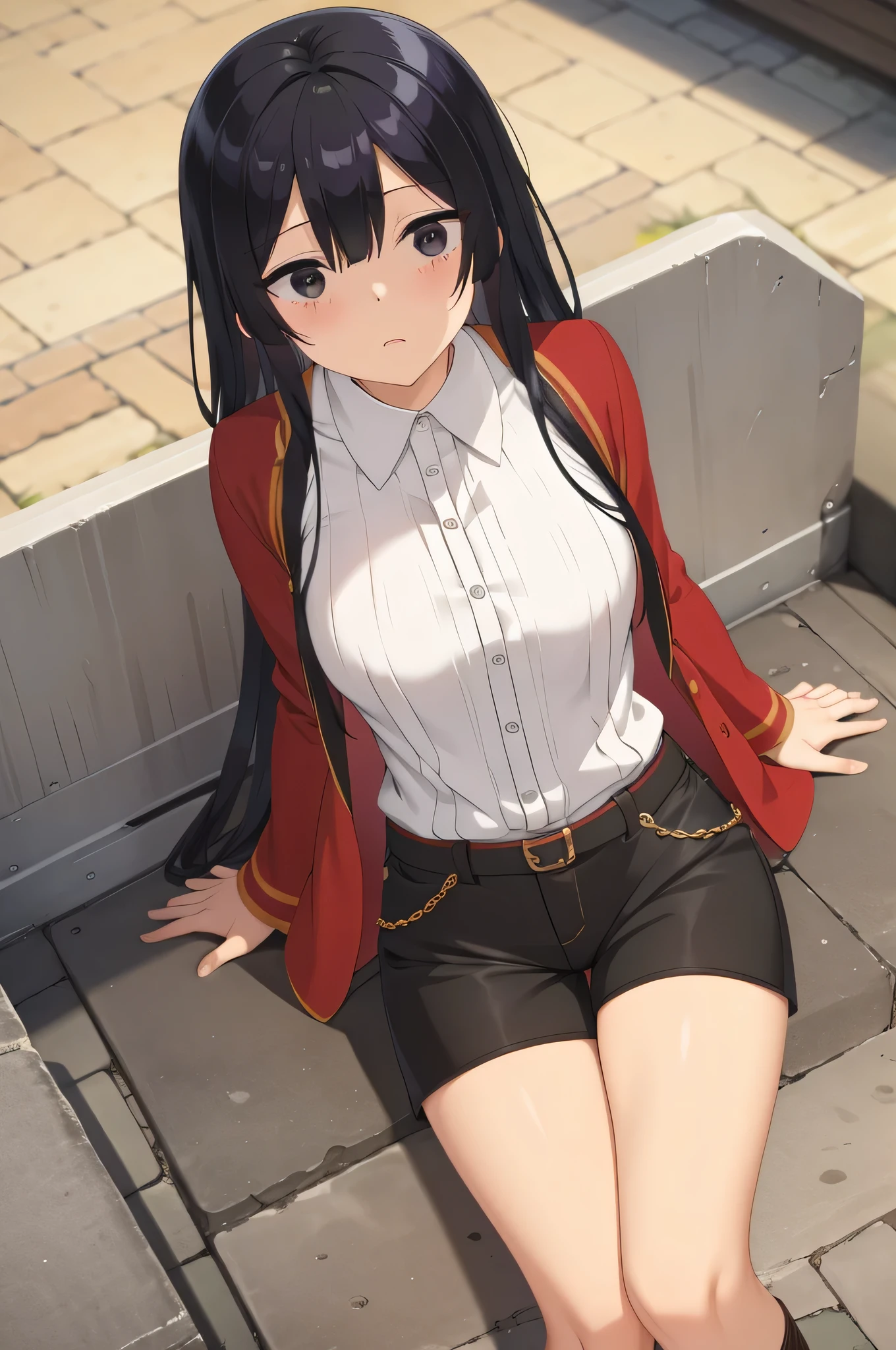 CRAWL,collar,leash,tied up,bondage,scared expression,black hair,black eyes,shorts,top-tank

