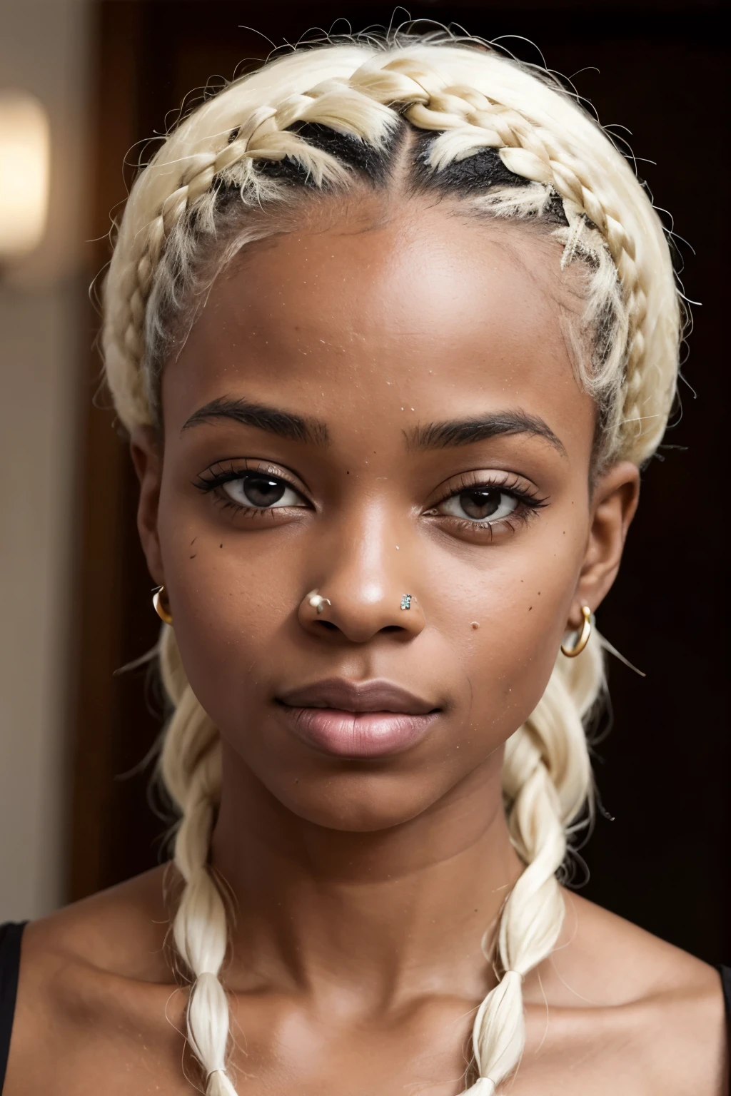 African-American female, 20s, dark chocolate skin, ultra structured skin, white hair, African fine long braids, sharp focus, heart-shaped vitiligo on face, face looking flat into camera
