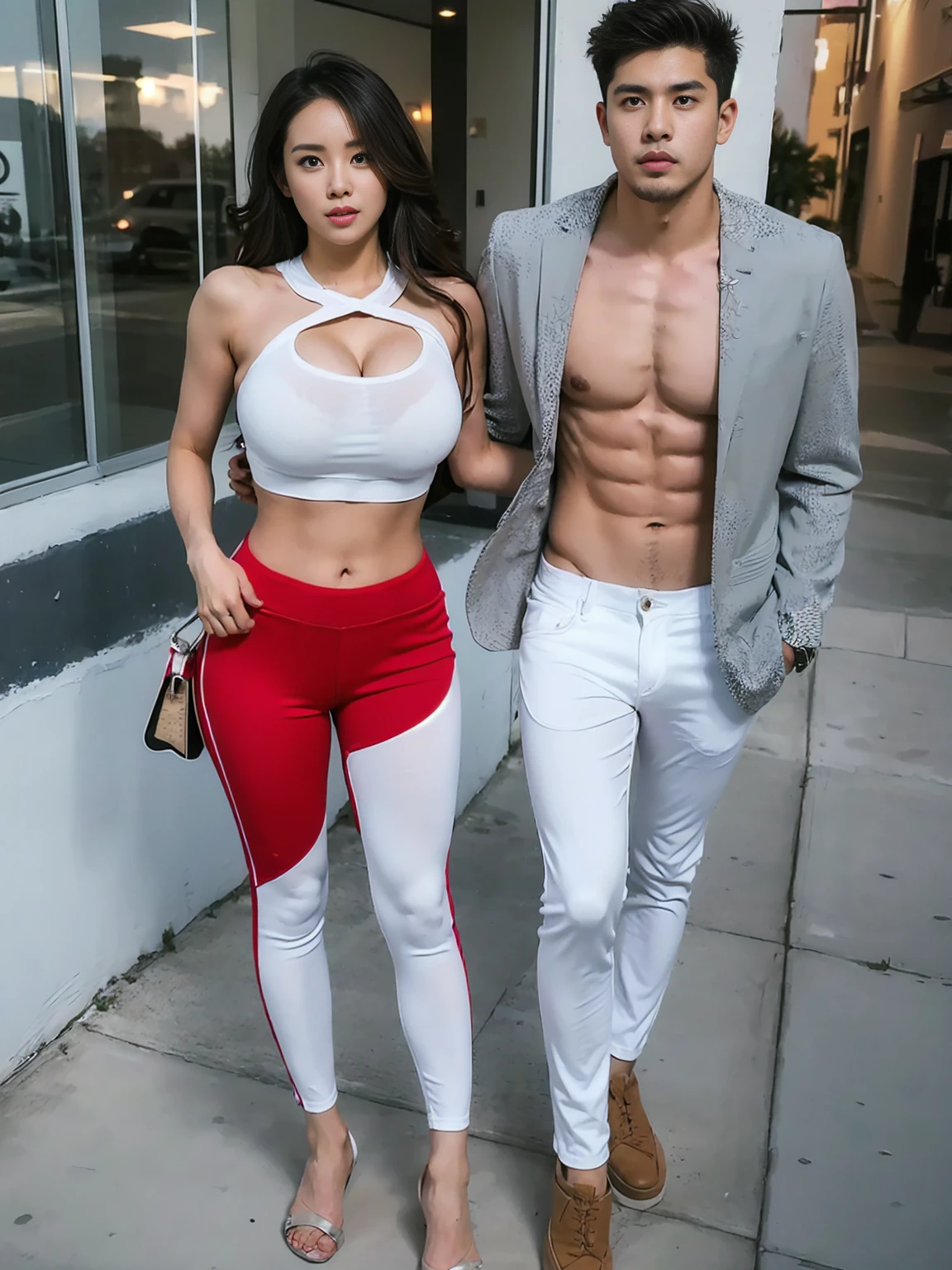 highly detailed ，8k , highest quality, （original photo：1.2），((male and female couple:1.3))、((standing:1.5))、（Boy kisses girl：1.2）、（boy wearing pants、muscular boy、abdominal muscles：1.6）、（The girl is wearing a yoga outfit、huge breasts、Long curly hair、Perfect body、slender legs、Sexy high heels：1.2）。