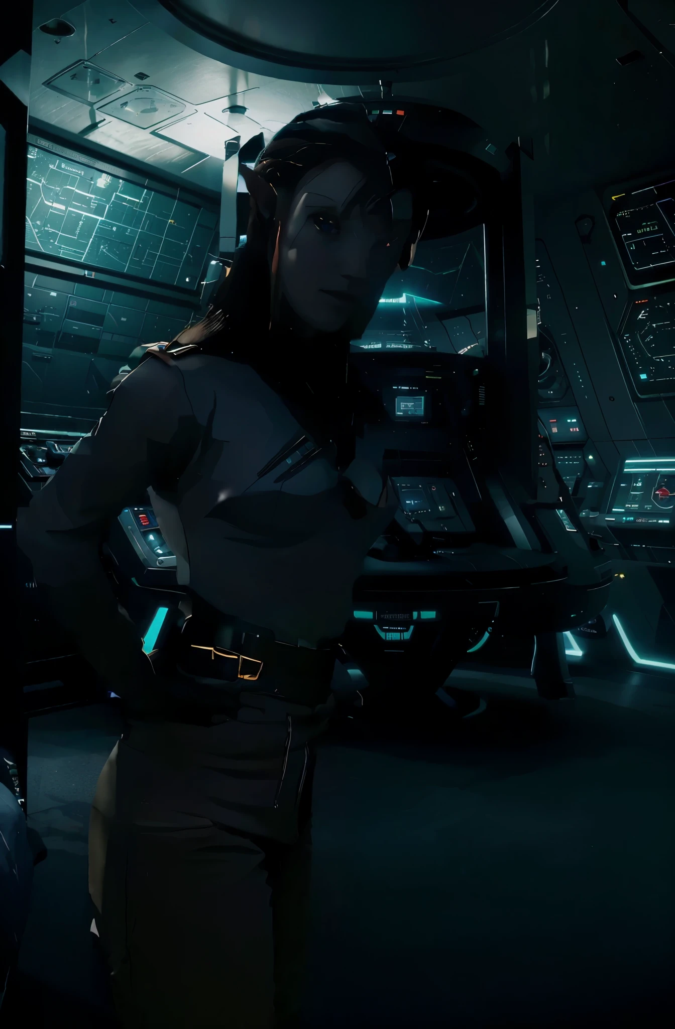 (A blue tall female elf naval officer standing on a spaceship bridge watching the crew at work), (photo realistic), hyper realistic, admiral blue elf standing with a group of crew members, female admiral in a white uniform, bright spaceship bridge with people in coveralls working at computer stations, (elf admiral in uniform with short black hair talking to officers) blue skin