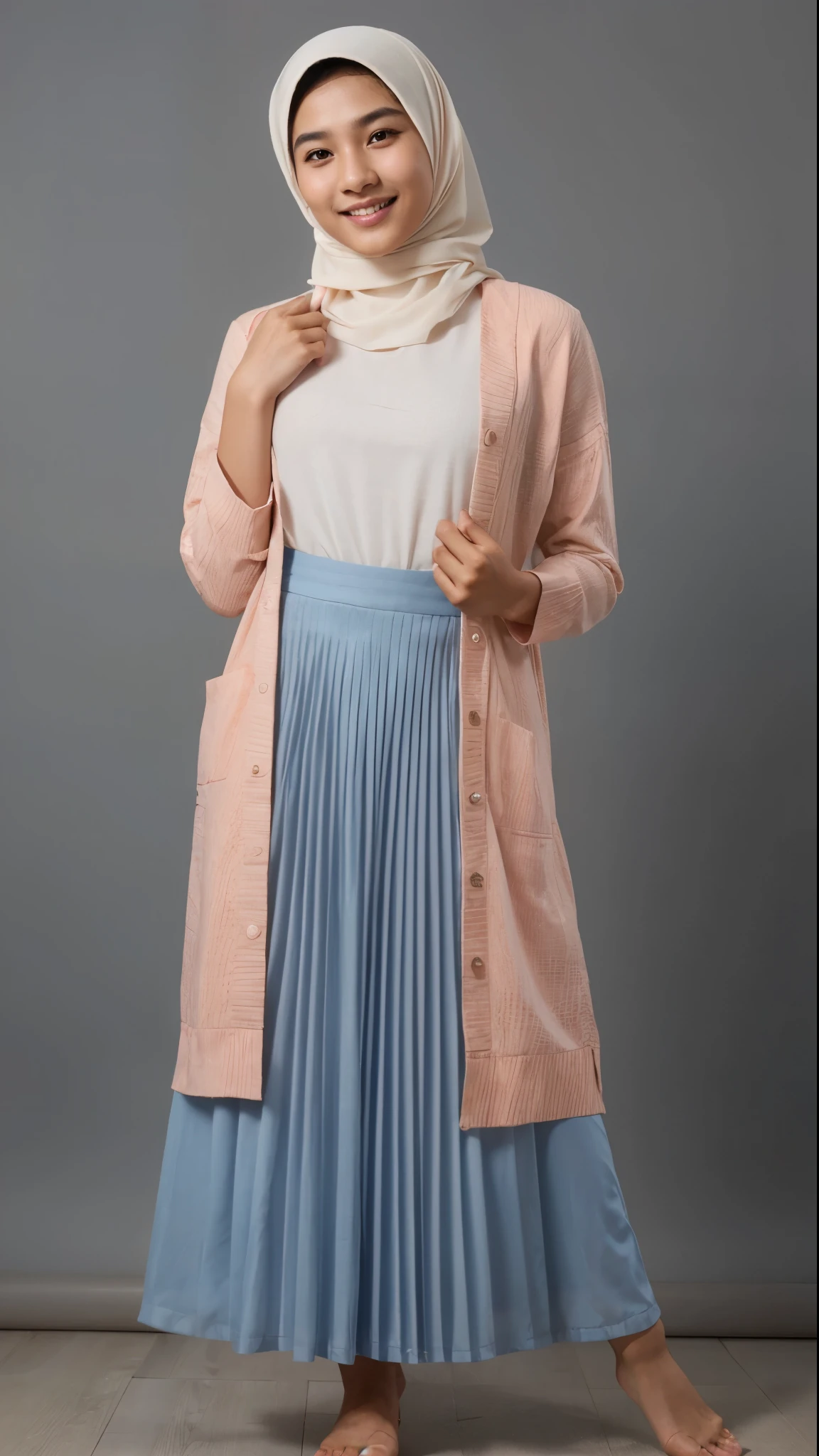 Young Indonesian man's face, cute face, fair skin, smooth skin, bright skin, serene expression, smiling, graceful smile, beautiful eyes, sparkling eyes, small nose, delicate nose, rosy cheeks, peach lips, cute lips, detailed face features, perfect hijab