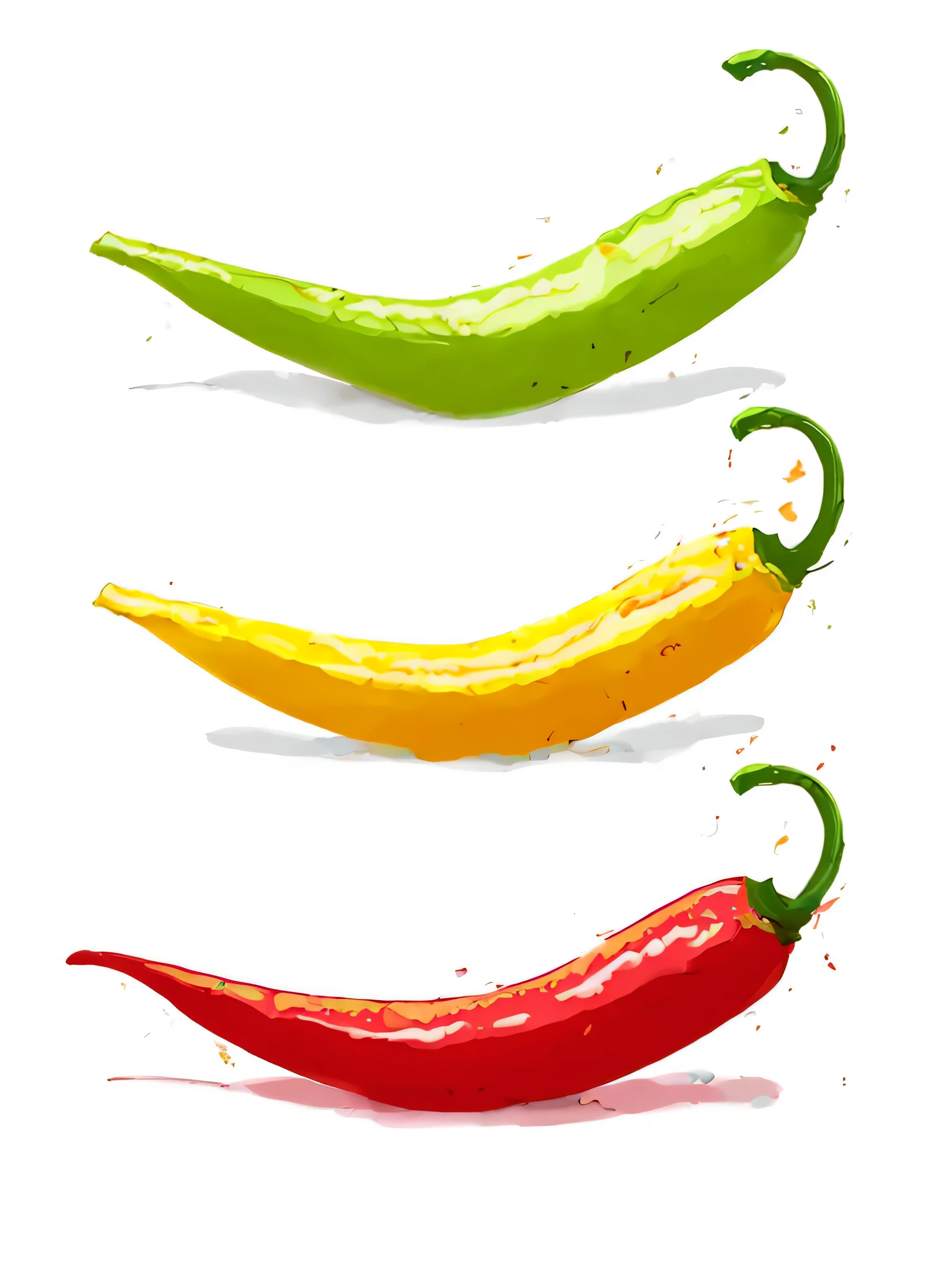three chili peppers are shown in a row on a white background, spicy, red green yellow color scheme, pepper, hd illustration, yellow and red color scheme, pepper no. 3 5, super realistic food picture, smooth and clean vector curves, paprika, red and yellow color scheme, green and yellow colors, red-yellow colors, red yellow, beautiful high resolution