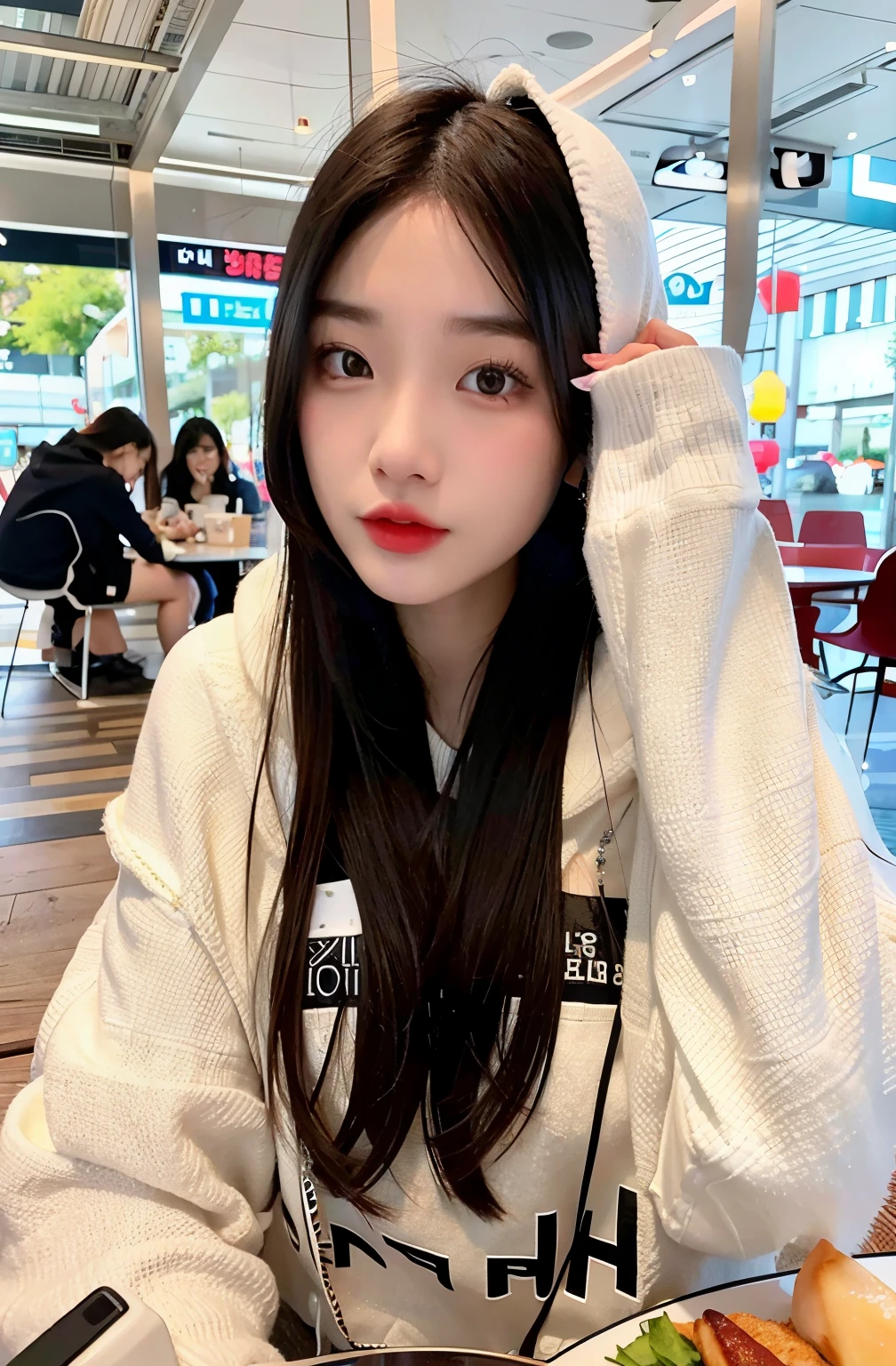 a close up of a person sitting at a table with a plate of food, ulzzang, black haired girl wearing hoodie, girl wearing hoodie, korean girl, wan adorable korean face, popular south korean makeup, beautiful south korean woman, bae suzy, gorgeous young korean woman, popular korean makeup, young adorable korean face, jaeyeon nam, beautiful young korean woman