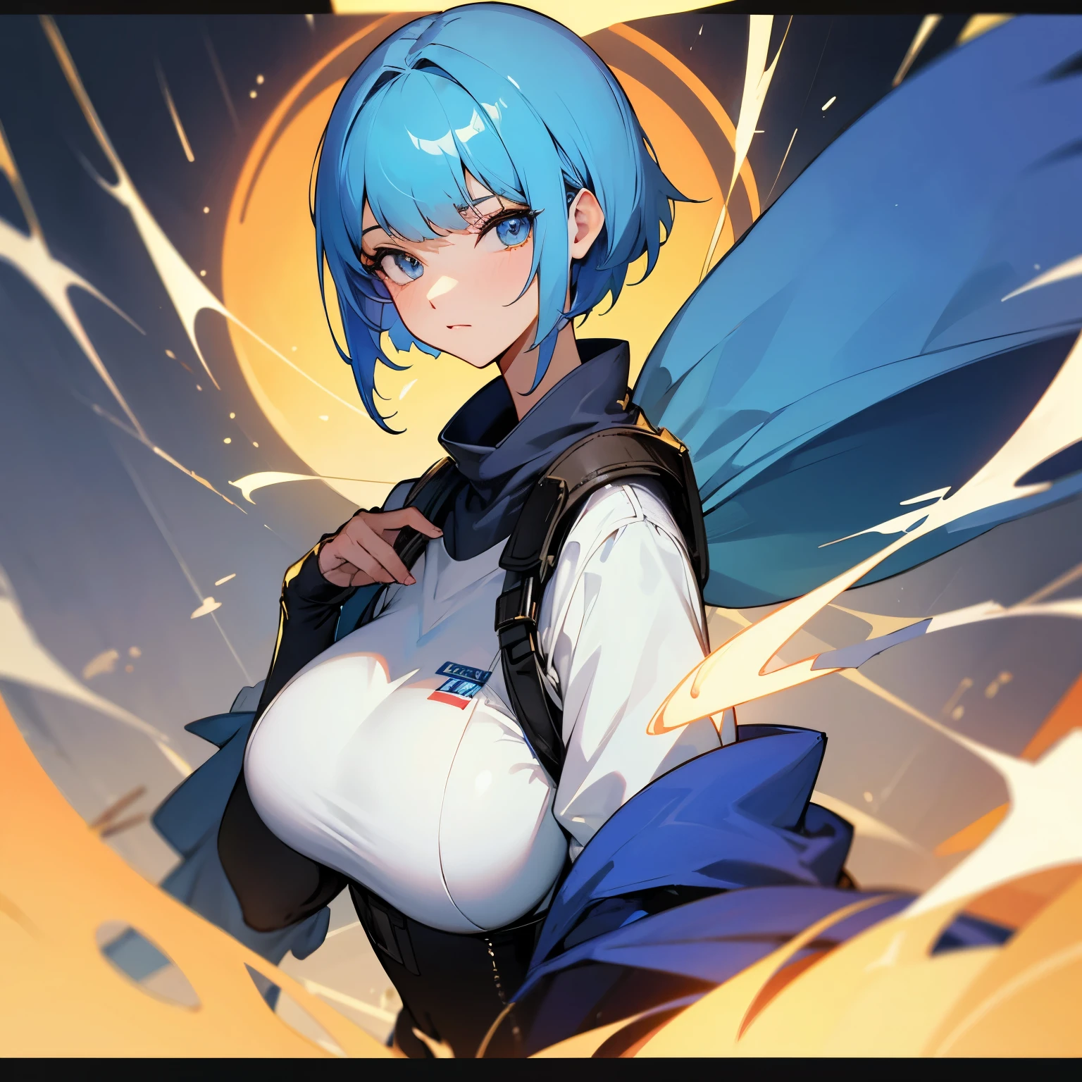 girl short blue hair golden eyes big breasts