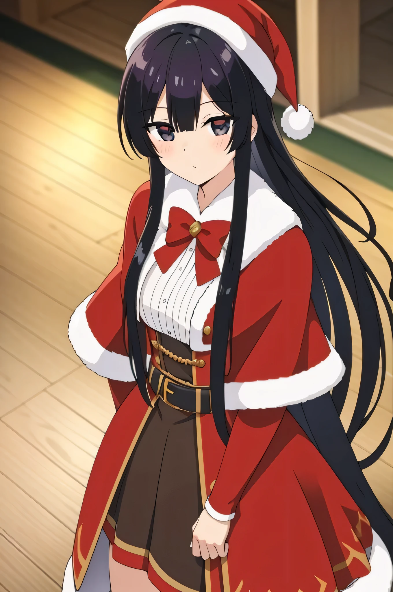 black hair,black eyes, long hair, blush, red capelet, christmas, santa dress, capelet, dress, fur-trimmed capelet, santa costume, santa hat, red dress, red headwear, bangs, breasts, fur-trimmed dress, hat, fur trim, upper body, masterpiece, best quality,