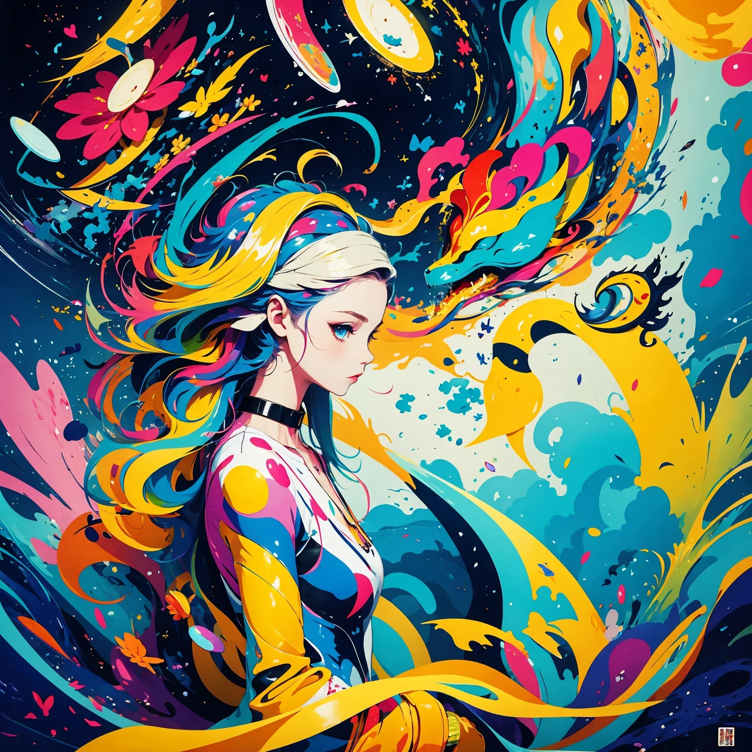 (masterpiece, best quality:1.2), Graffiti漫画，Graffiti, wall, full image, High resolution and high contrast,simple,knight，alone，Abstract surreal colors, popular geometric surrealism, rainbow colored dreams