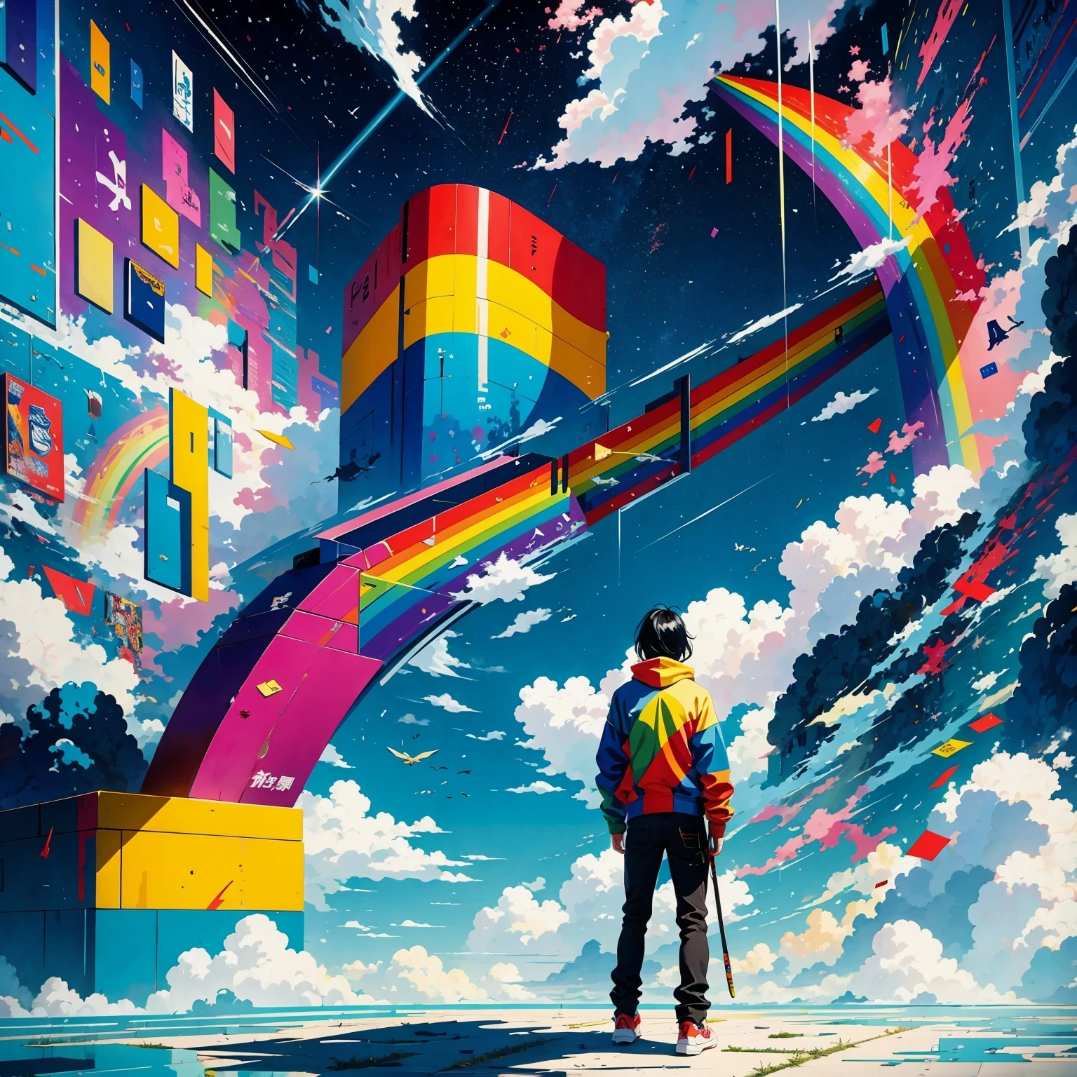 (masterpiece, best quality:1.2), Graffiti漫画,Graffiti, wall, full image, High resolution and high contrast,simple,knight,alone,Abstract surreal colors, popular geometric surrealism, rainbow colored dreams