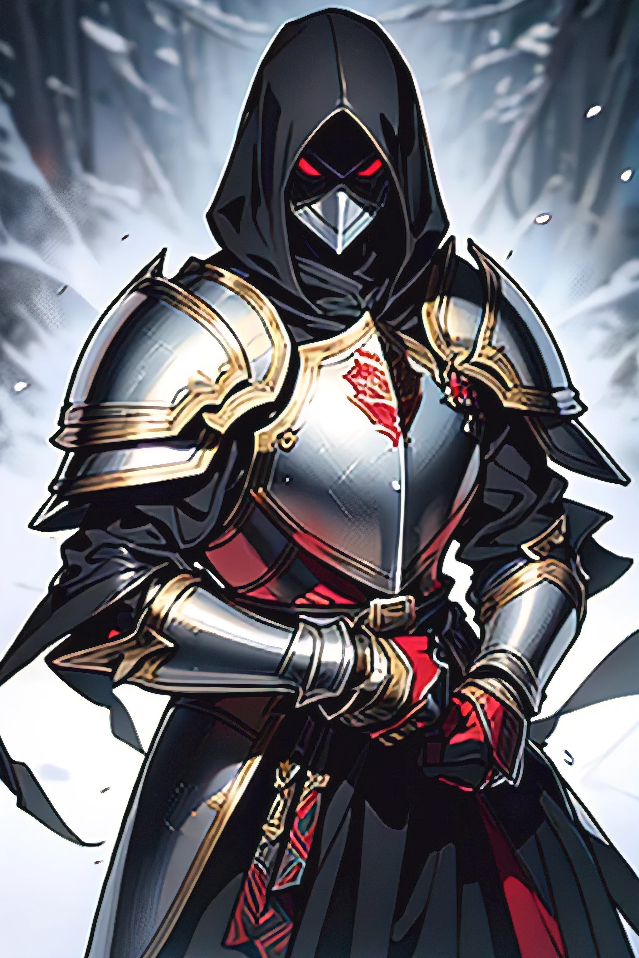 masterpiece , extremely detailed , official artwork , delicate, evil paladin He holds a black and red shield in his hand wearing black full plate armor , black armor , mask , full plate armor ,epic background , villainous eyes