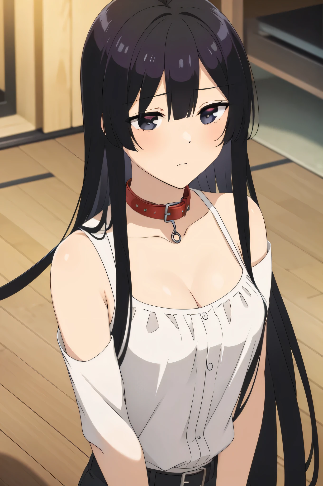 ((collar,leash,tied up,bondage,scared expression)),black hair,black eyes,shorts,top-tank
