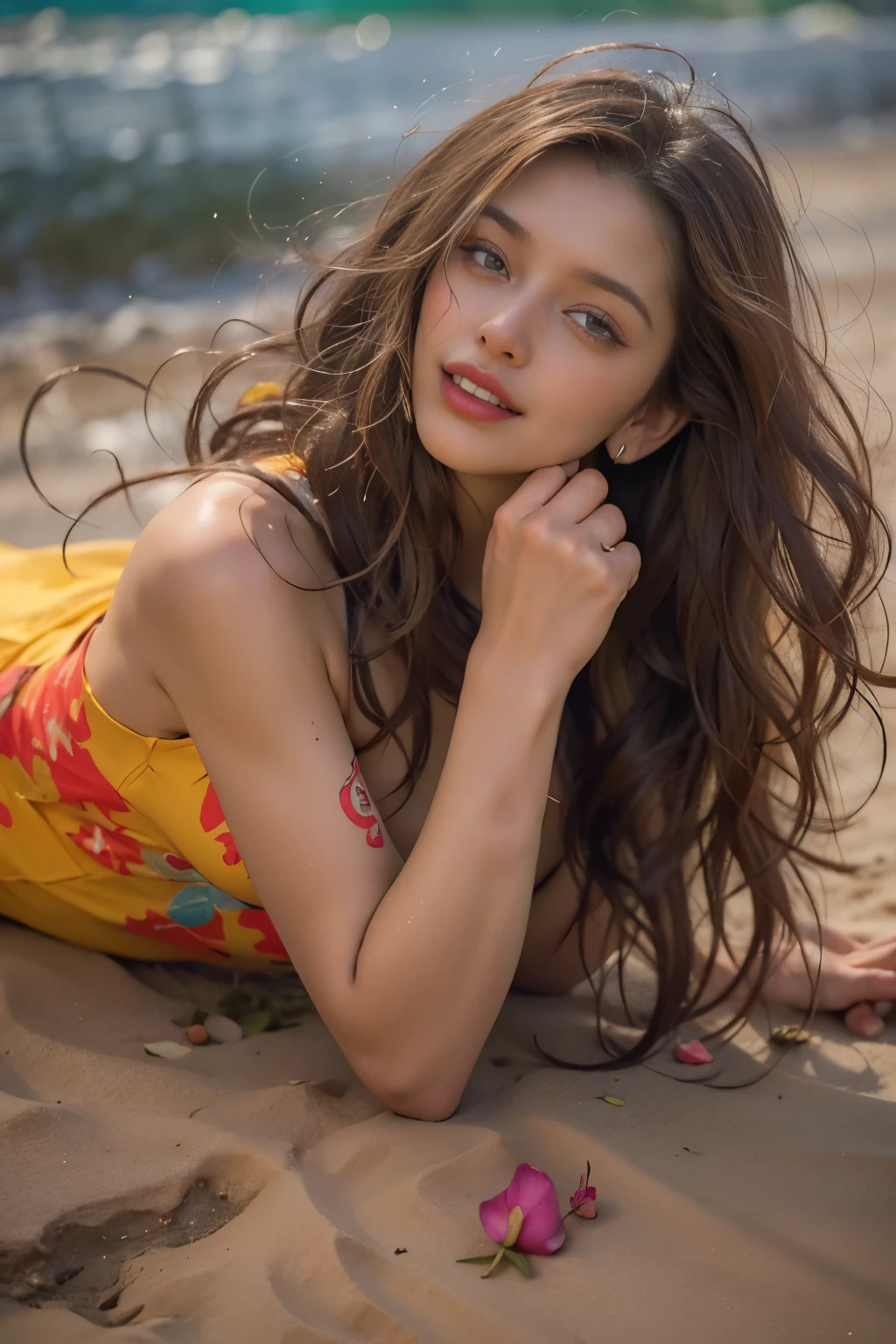 highest quality, realistic, High resolution, 8K RAW photo,whirlwind, realistic, high contrast, symbolism, magic, mysterious, mystery, supersaturation, colorful, alone, 1 girl, seductive face, NSFW、medium long hair、25 years old、glamorous figure、legs spread wide、on the beach、laughter、obscene nude , lascivious, salacious pose