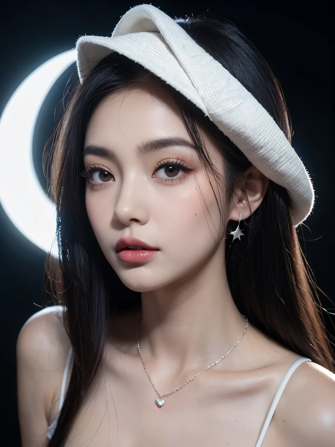 Kim Jennie con el cabello negro oscuro, con rulos en las puntas del cabello negro oscuro, con un ganchito de estrella en el cabello negro oscuro, ojos de color claro, ojos bonitos, nariz bonita y respingada, labios bonitos, labios rosas, heart and cupid shaped lip, piel bonita, pale, white skin, con lunares y pecas en todo el rostro, rubor rosa suave en las mejilla, rubor rosa natural, dark and gothic makeup, Jennie gotica, cuellos bonito, cuello marcado, frown, mirada enojada, con un collar de beso, un collar bonito de beso, mientras muestra sus pechos desnudos, mientras tiene los pezones con dos corazones de papel rosa, tiene los pezonnes con corazones de papel rosa (pechos grandes, pechos suaves, pechos bonitos, pechos naturaleirando a la camara, autofoto