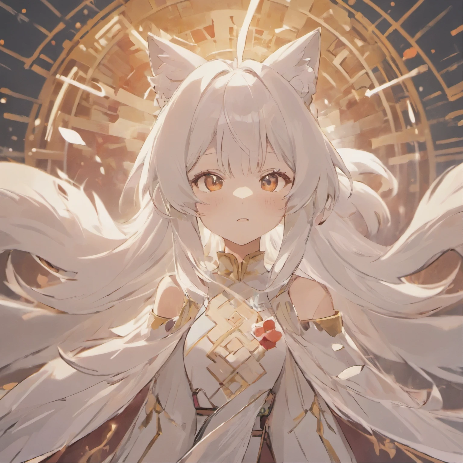 (White background:1.4),(Avatar side face, open one&#39;s eyes, long white hair,white fox ears，There are nine fluffy fox tails，The tail has a fiery red color at the end， Oriental elements)，(Chinese illustration:1.3，paper art:1.3, Quilted paper art:1.2),( Reasonable design, clear lines, high definition,best quality, Very detailed, masterpiece, Lighting effects, 4k )