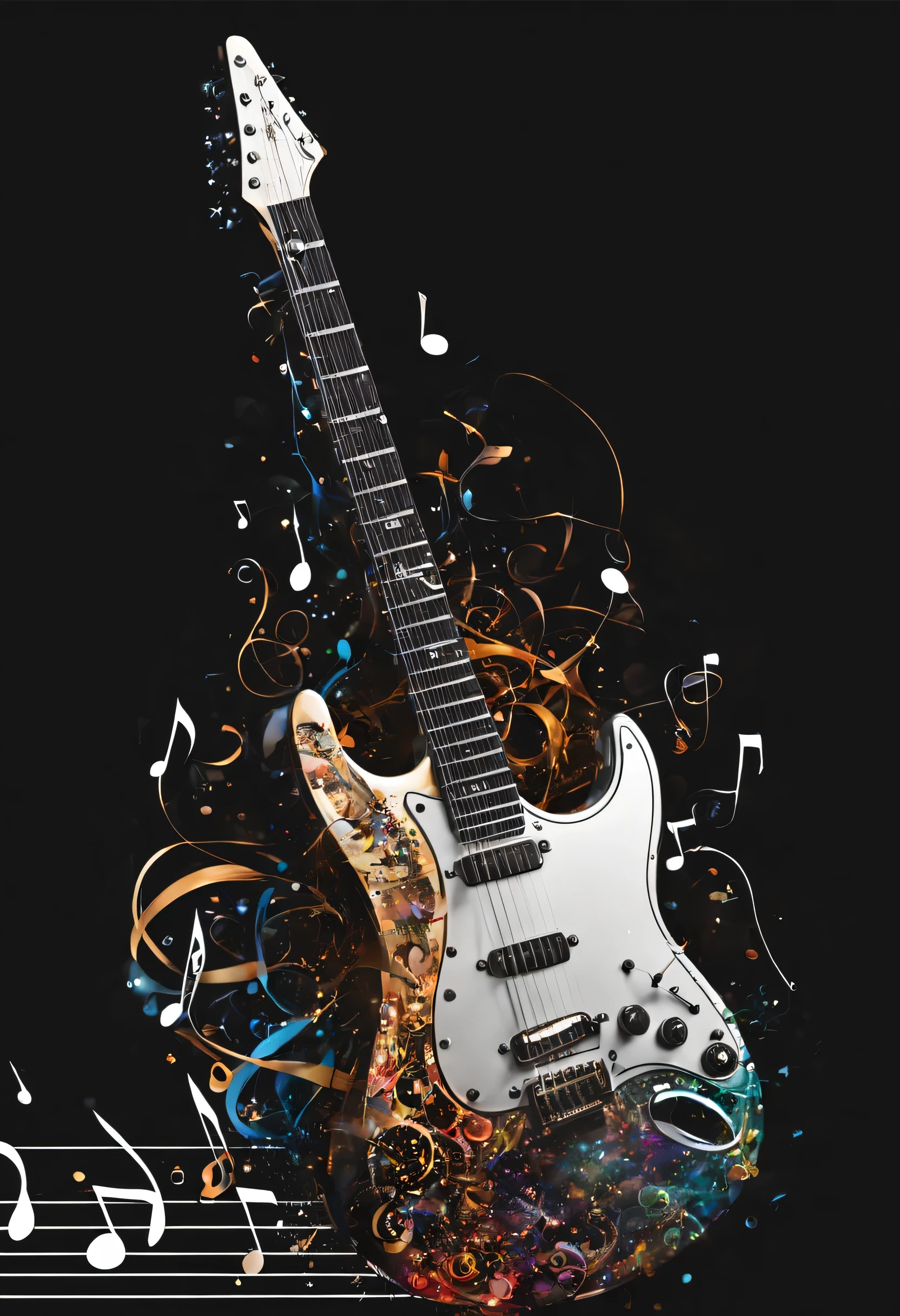 Create a square image that captures the&#39;essence of music and creativity. L&#39;image should feature an electric guitar dissolving into musical notes and sound waves&#39;a quote., symbolisant le pouvoir de la musique. The guitar must have a detailed design, avec cordes et boutons visibles. Les notes de musique doivent être variées et dynamiques, comme s&#39;ils s&#39;envolaient. The background must be dark to highlight the guitar and the notes, create a striking visual metaphor for music brought to life.