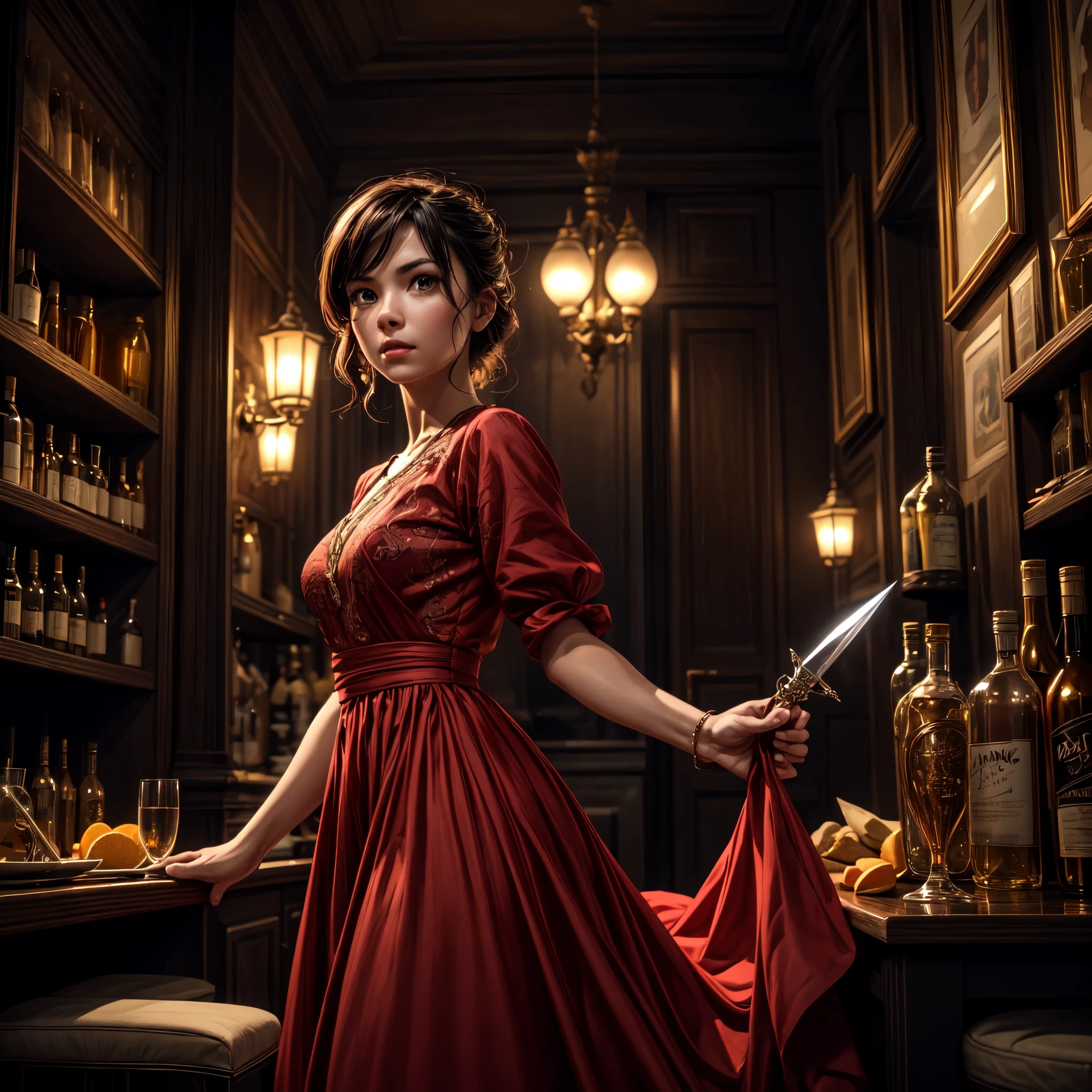 16K, ultra detailed, masterpiece, best quality, (extremely detailed), arafed, action shot, a woman spy, wearing an intricate elegant dress, red dress, sexy dress, holding a (dagger: 1.3) in a cocktail party, Wide-Angle, Ultra-Wide Angle, 16k, highres, best quality, high details, determined face, god rays, cinematic lighting, glowing light, silhouette, from outside, photorealism