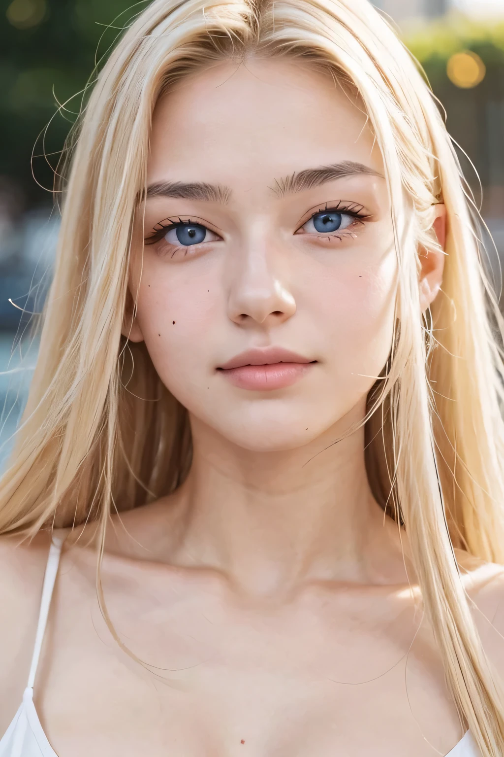 female, 20 years, White skin, ultrastructured leather, blond long hair, sharp focus, heart shaped mole on face, face looking straight into the camera