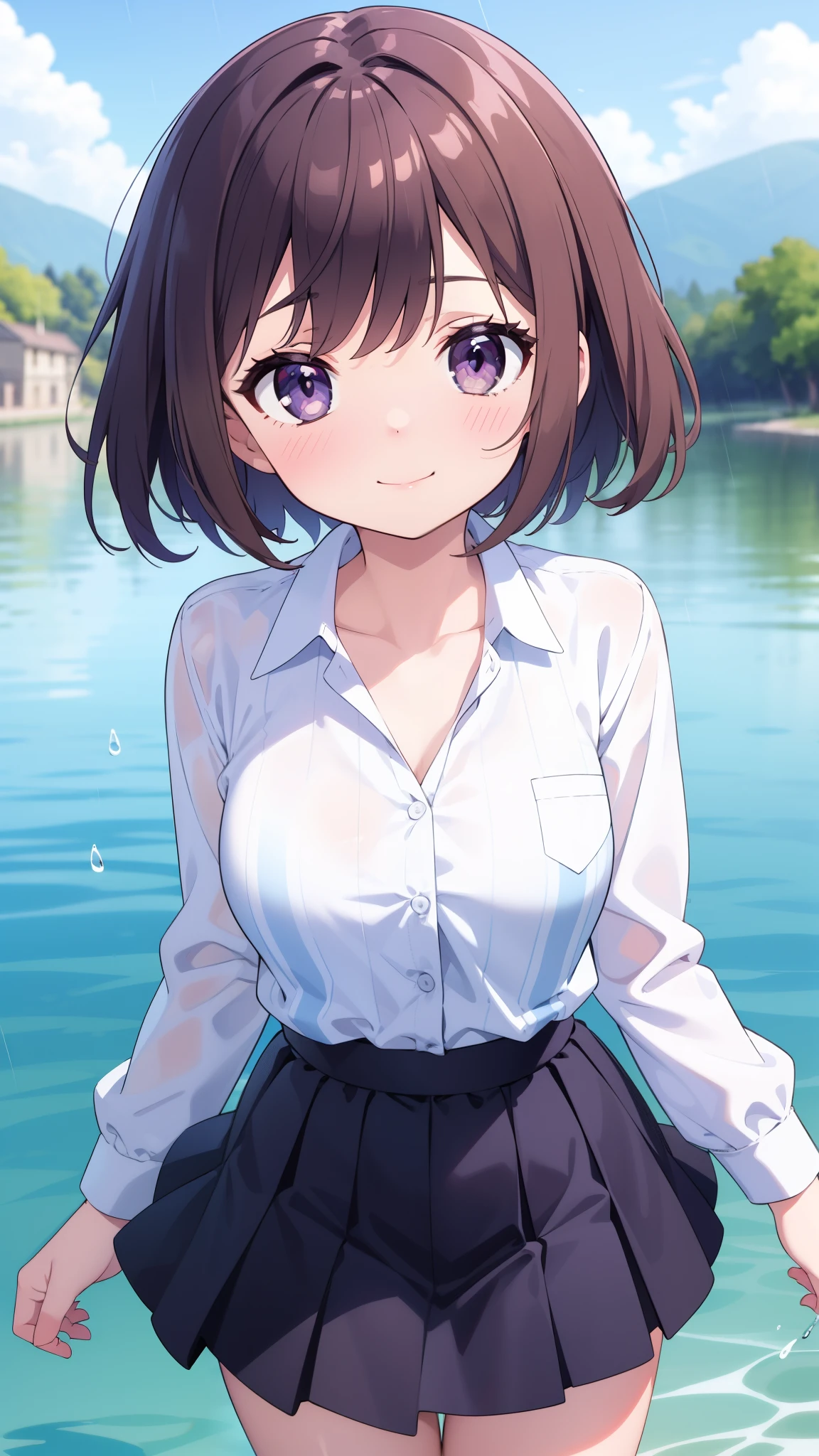 rating:safe, 1girl, solo, long_sleeves, shirt, smile, striped, skirt, breasts, bangs, looking_at_viewer, collarbone, blush, eyebrows_visible_through_hair, diagonal_stripes, closed_mouth, upper_body, collared_shirt, rain, brown_hair, black_skirt, purple_eyes, vertical_stripes, brown_eyes, white_shirt, water, outdoors, short_hair