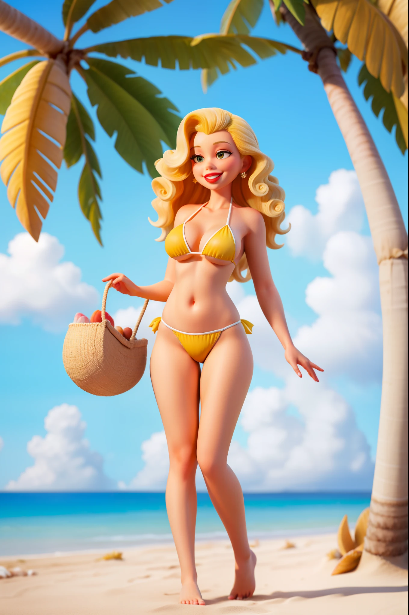 (best quality, 4k, high definition), beautiful blonde on the beach, medium curls, (yellow micro bikini), languid look, red lipstick, big lips, sexy character in Disney Pixar style, full body, beach background, sand, sun, bright colors, fun and playful, relaxed atmosphere, soft waves, coconut trees, seashells on white sand, joyful and carefree, fresh summer atmosphere