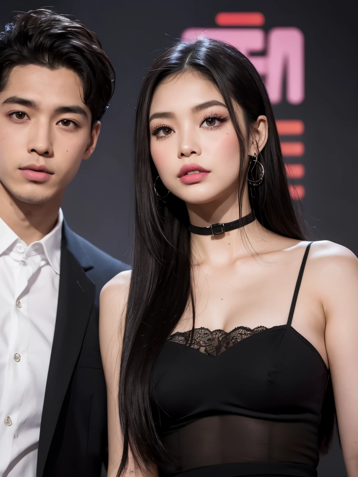 Kim Jennie con el cabello negro oscuro, con rulos en las puntas del cabello negro oscuro, con un ganchito de estrella en el cabello negro oscuro, ojos de color claro, ojos bonitos, ojos llorosos, nariz bonita y respingada, labios bonitos, labios rosas, heart and cupid shaped lip, piel bonita, pale, white skin, con lunares y pecas en todo el rostro, rubor rosa suave en las mejilla, rubor rosa natural, dark and gothic makeup, Jennie gotica, mientras ella esta con un chico lindo a su lado, with a cute asian boy standing next to her, mientras hay un torso de hombre, mientras el hombre'His hand is on her jaw., manos bonitas de hombre, with a gothic boy, cuellos bonito, cuello marcado, frown, mirada enojada, con un collar de beso, un collar bonito de beso, mientras muestra sus pechos desnudos, mientras tiene los pezones con dos corazones de papel rosa, tiene los pezonnes con corazones de papel rosa (pechos grandes, pechos suaves, pechos bonitos, pechos naturales), con un chico a su lado, con su novio, mirando a la camara, autofoto