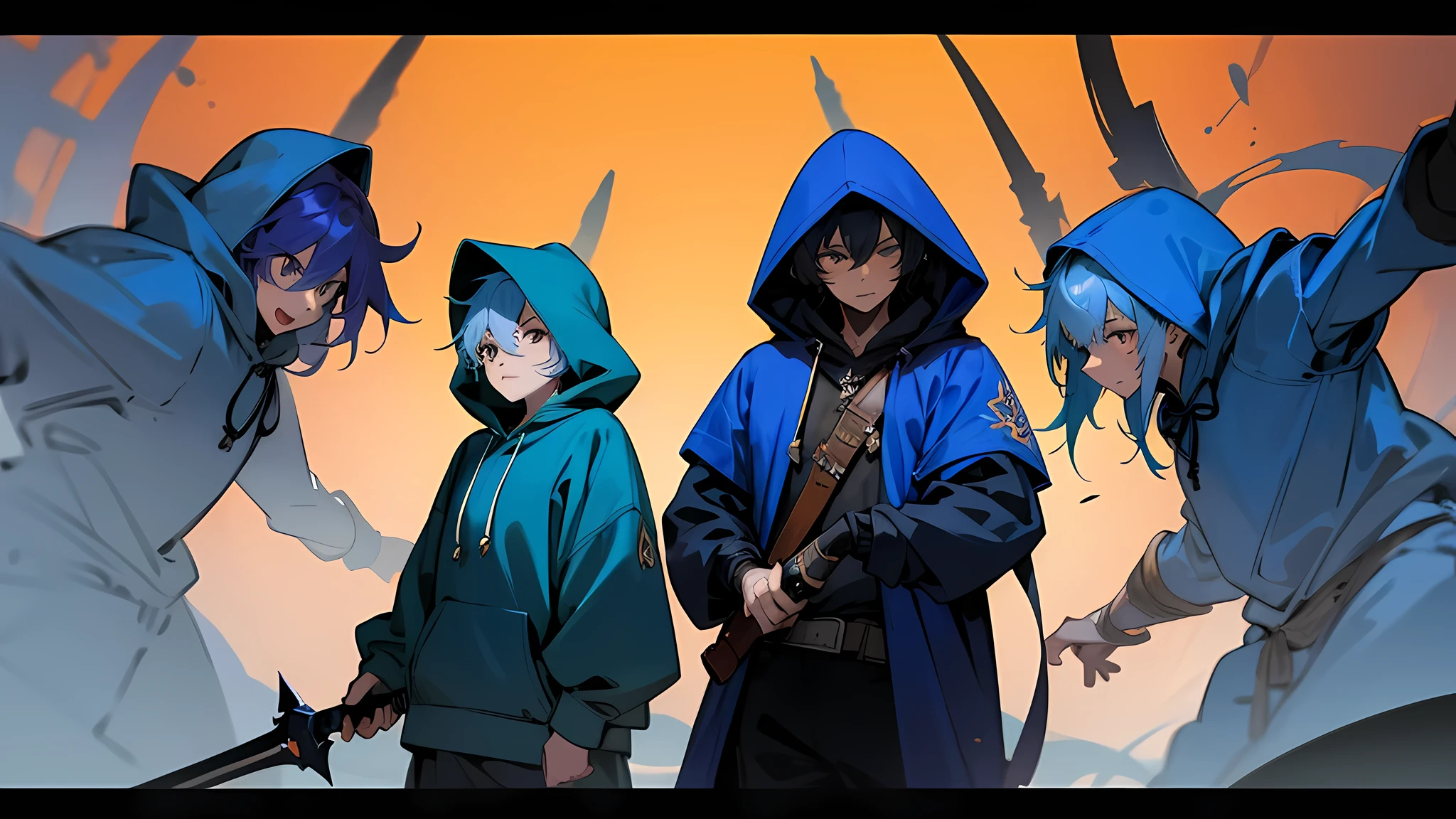 3 boys, blue hoodie, both hands holding a weapon, fantasy background, goblins,
