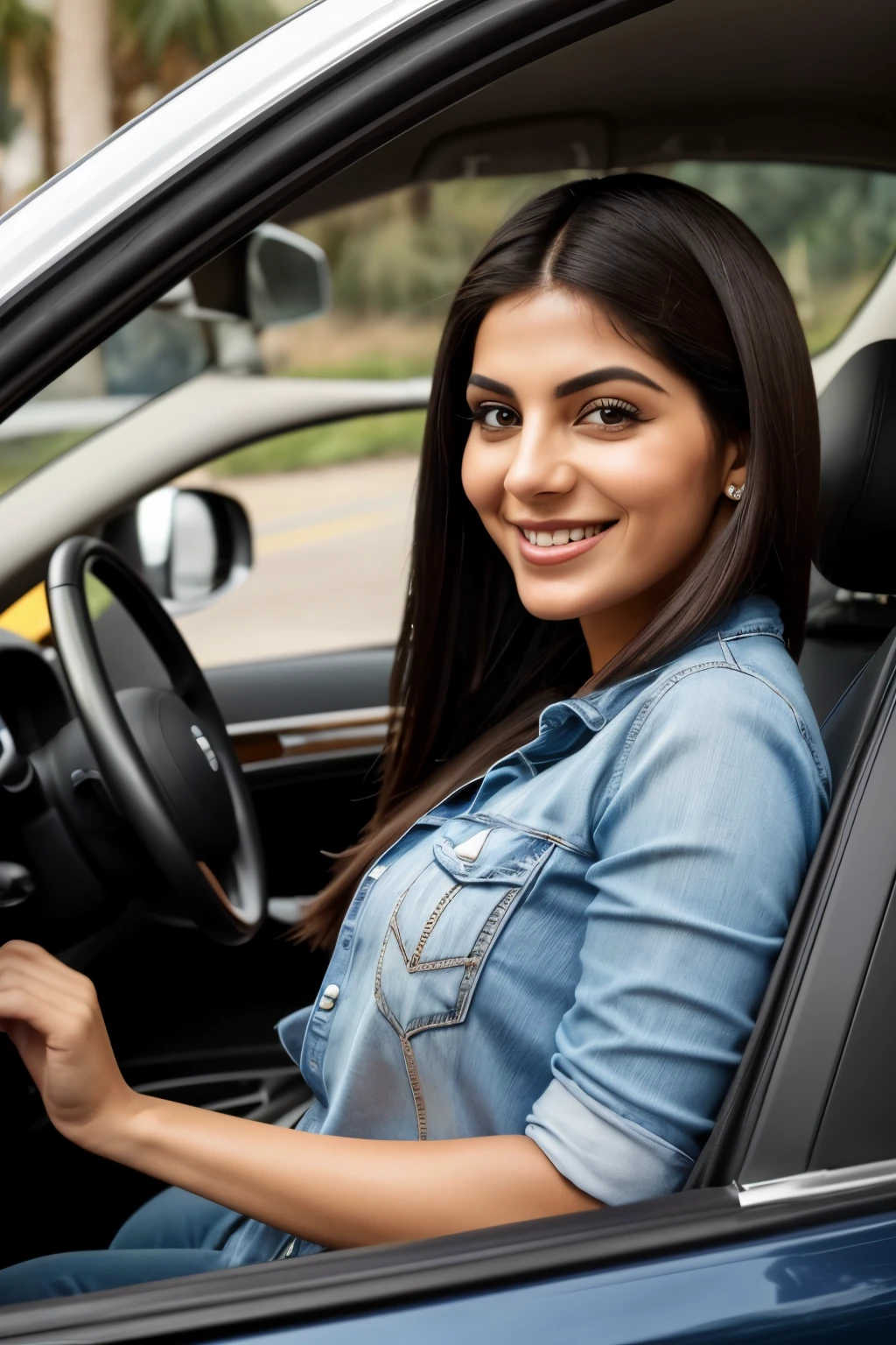 Foto RAW em sequencia, a beautiful Iranian woman sitting behind the steering wheel of a car and looking at the camera taking a photograph of her. ((Imagem inteira do corpo, sorrindo)) -- Close to hyper-realistic and hyper-detailed RAW image in sequence, a beautiful Iranian woman sitting behind the steering wheel of a car and looking at the camera taking a photograph of her. ((Imagem total do corpo, sorrindo)) -- Close to hyper-realistic and hyper