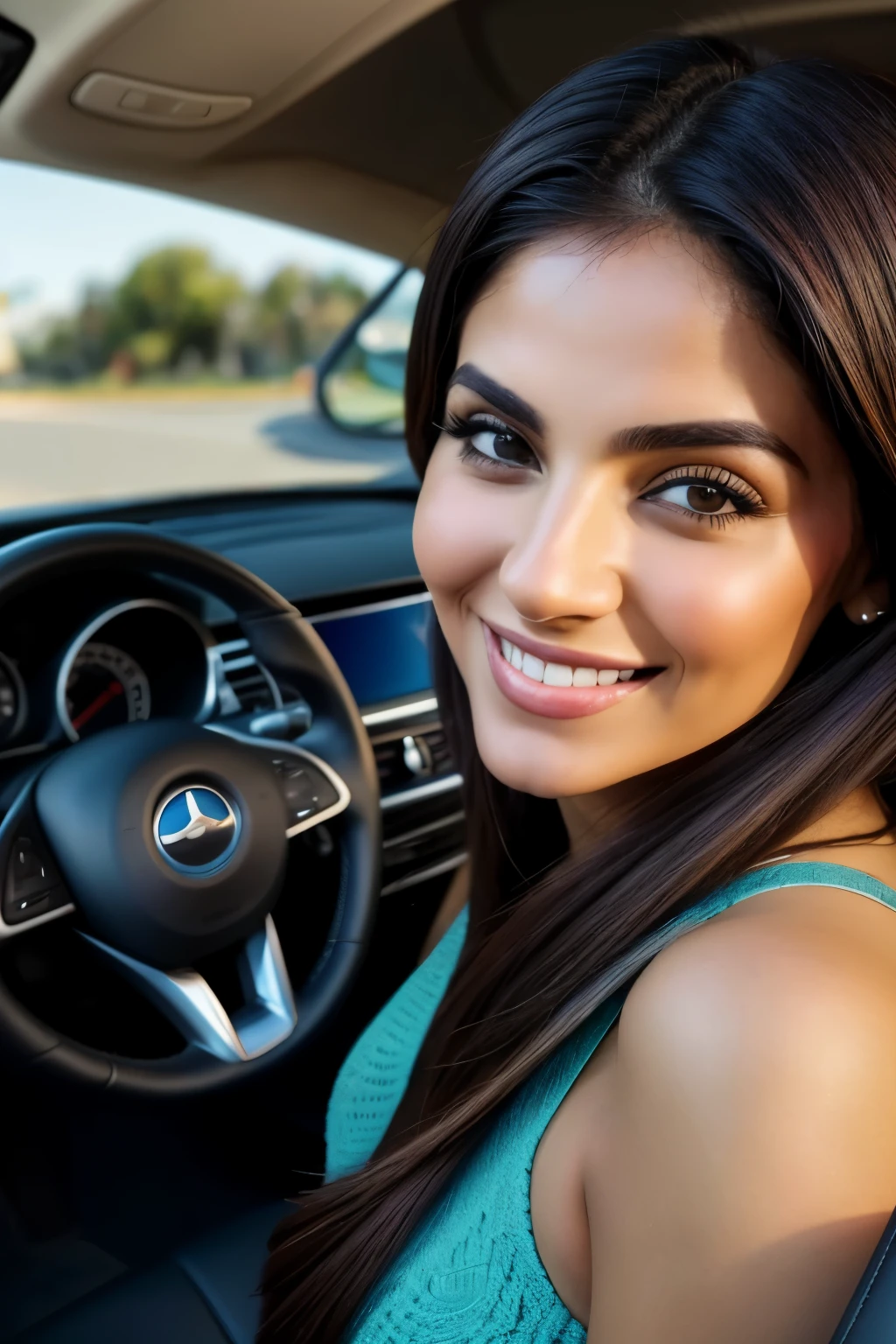 Foto RAW em sequencia, a beautiful Iranian woman sitting behind the steering wheel of a car and looking at the camera taking a photograph of her. ((Imagem inteira do corpo, sorrindo)) -- Close to hyper-realistic and hyper-detailed RAW image in sequence, a beautiful Iranian woman sitting behind the steering wheel of a car and looking at the camera taking a photograph of her. ((Imagem total do corpo, sorrindo)) -- Close to hyper-realistic and hyper