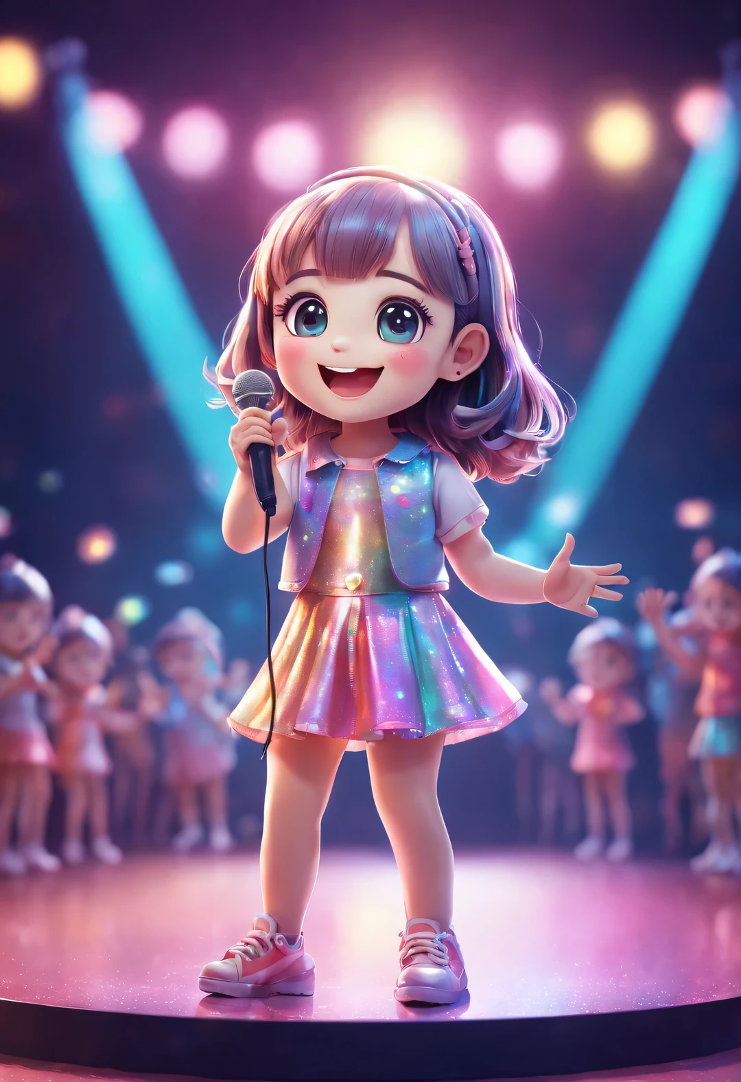 （character idea）， (A cute girl holding a microphone，sing happily,），Holographic Color Set,smiling, big bright eyes, background with：stage，neon lights，like a dream，whimsical，like stories, Super details, pixel style, bright colors, natural soft light,, 5 octane rendering, super wide angle, 8k, High realism，Grand Prix