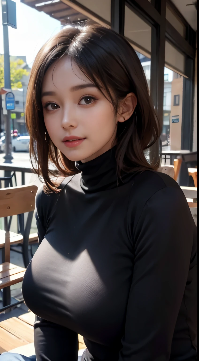 ((A mature woman sits in front of a café)),((turtleneck shirts:1.3)). 40k, Photography, Masterpiece, Best quality, dark grey background, ((Mature women, Wife, Mom, A MILF)), ((A plump chest)), Perfect face, perfect , ((Breast-huge)), ((1 girl with brown eyes and gorgeous light black hair)). a Pretty Japanese woman,full soft breasts and white skin, ((very soft breasts)). Ultra-detailed face, Detailed eyes, Embarrassed, Smile, Summer, Daytime, (((Slave collar))), Half body, dated