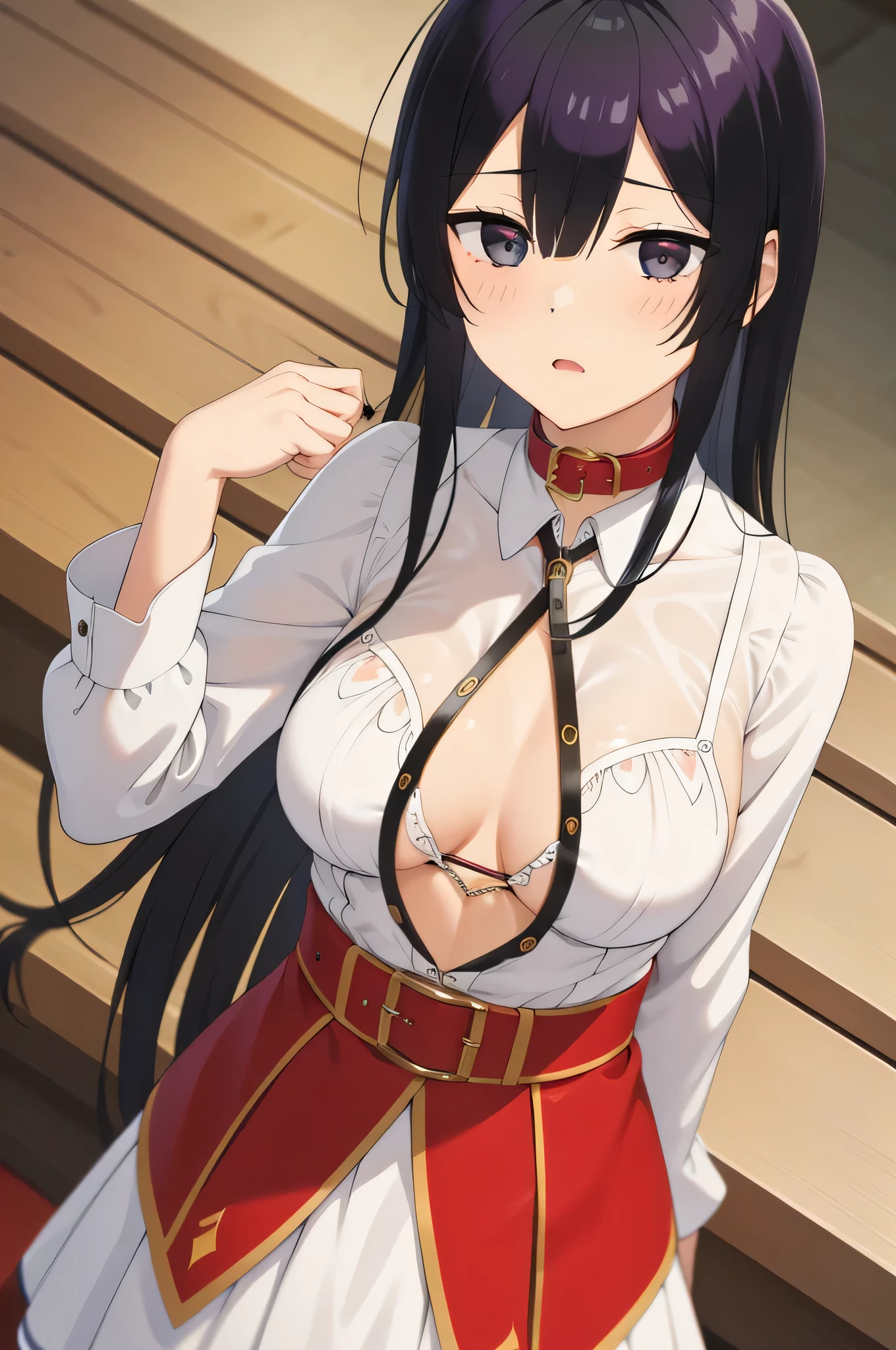 ((collar,leash,tied up,bondage,scared expression)),black hair,black eyes,bra.skirt
