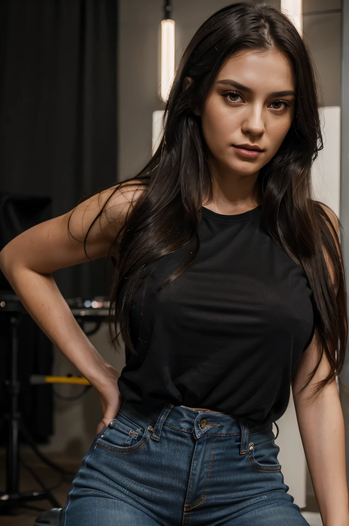 (best quality, realistic:1.37), portrait, 25-year-old girl, black t-shirt, jeans, long dark hair, beautiful detailed face, 170cm tall, hyper-realistic, super beautiful, vivid colors, studio lighting,