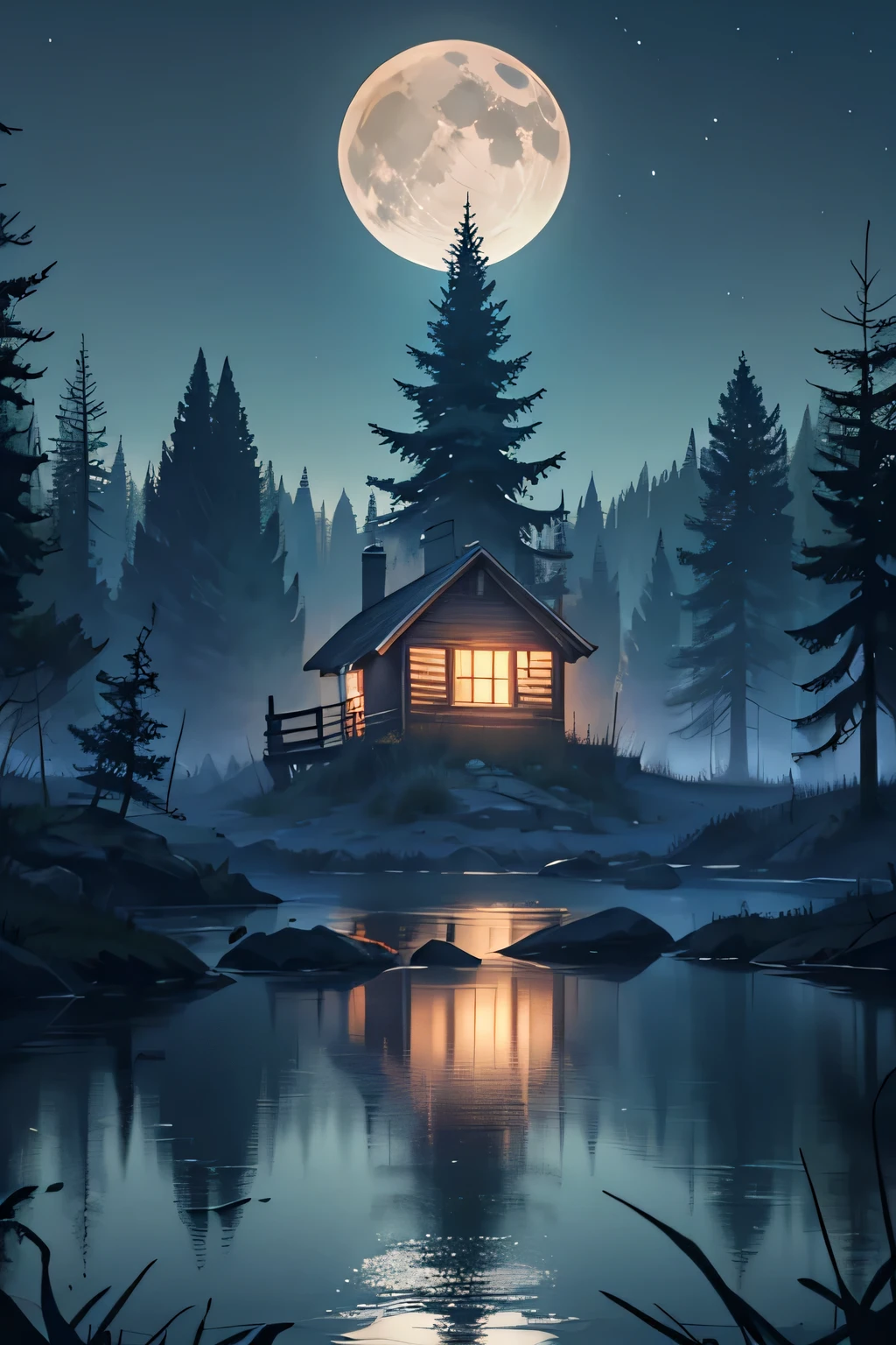Scenery of a dark like, it's night. The lake is surrounded by the woods, and there is a small cabin far away in the background. We can see something creepy surfacing from the lake. Horror, creepy, (creepy), scary, moon, sky, suggestive lighting, low brightness
