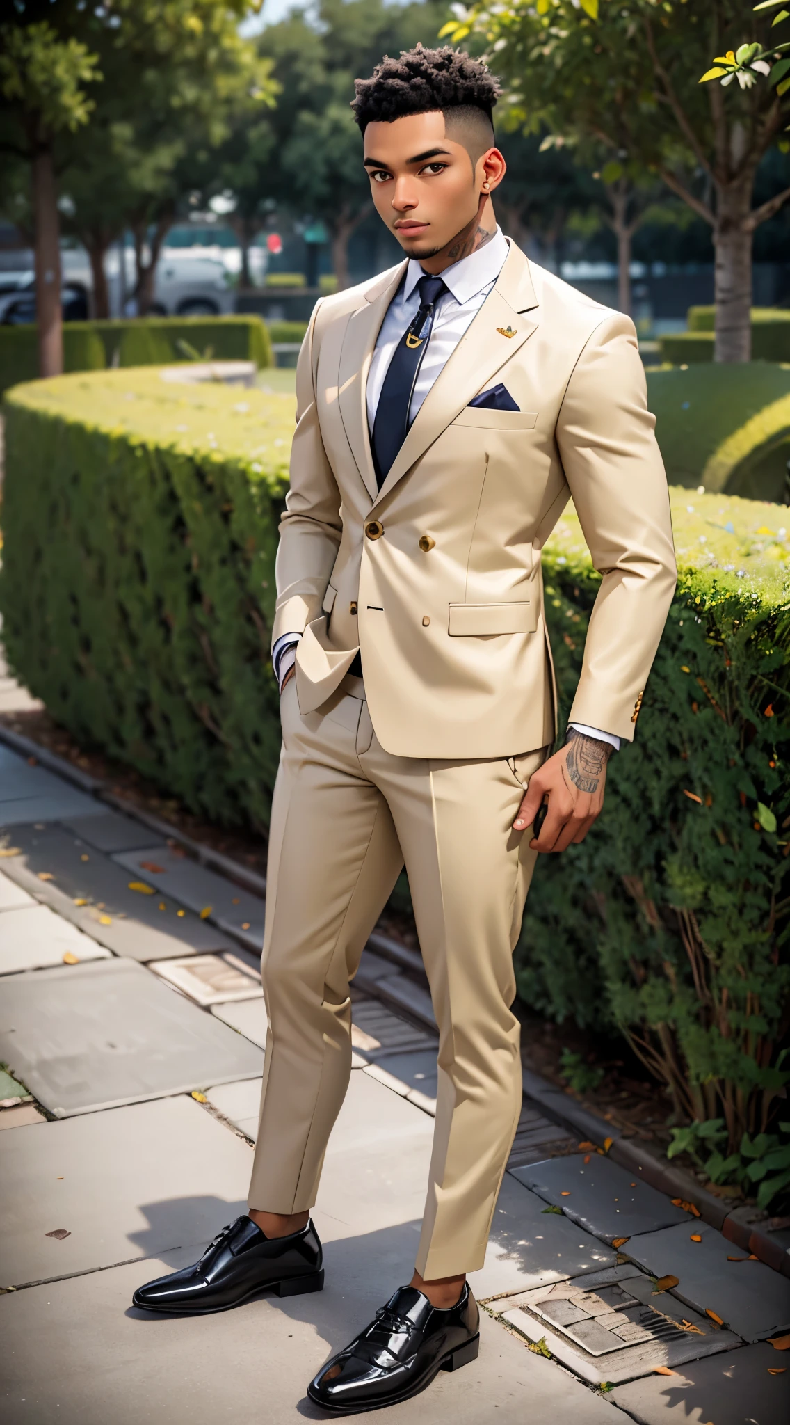 21 years old man , black man. dark skin, curvy hair, he wears a yellow toxedo with brown shoes. tattoos on his arms. Background garden in the night. Full body. Yellow elegant suit